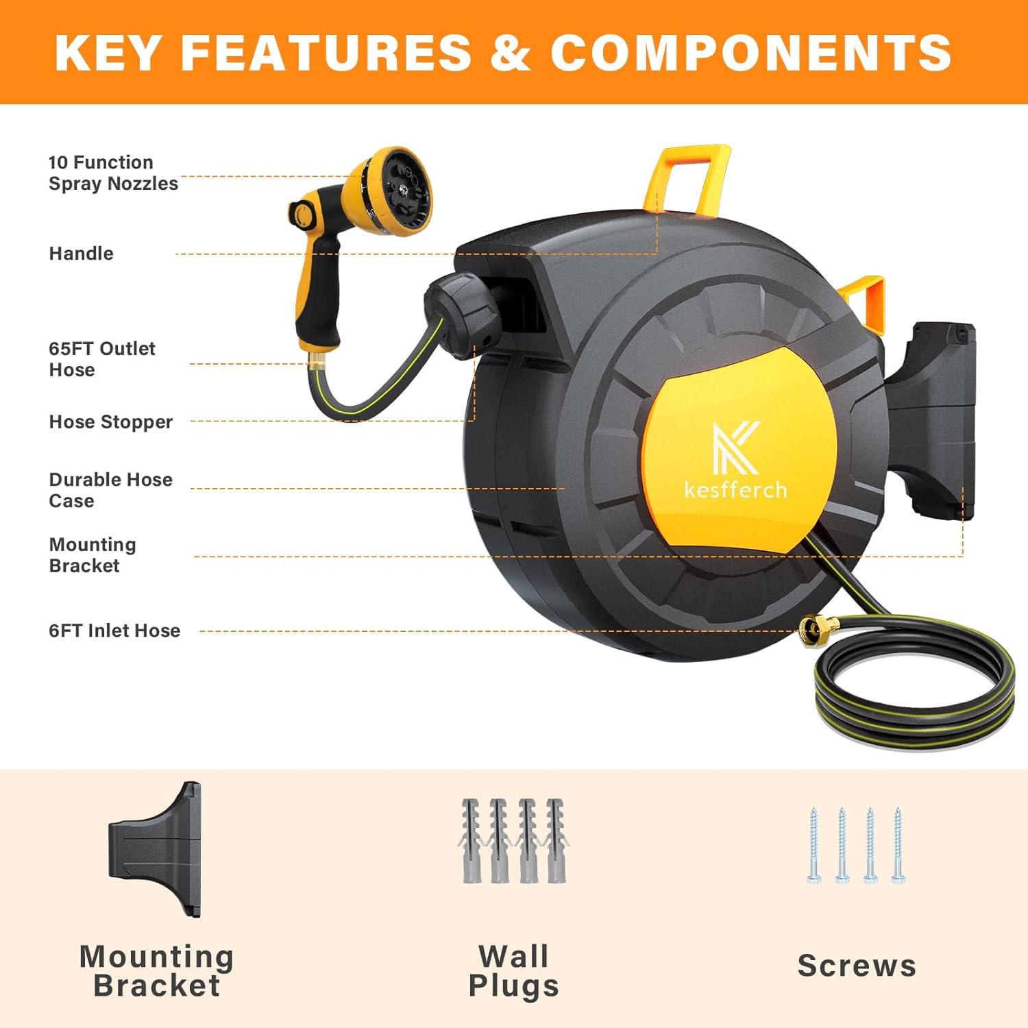 Carrete de Manguera de Jardín Retráctil Kesfferch 19.81m