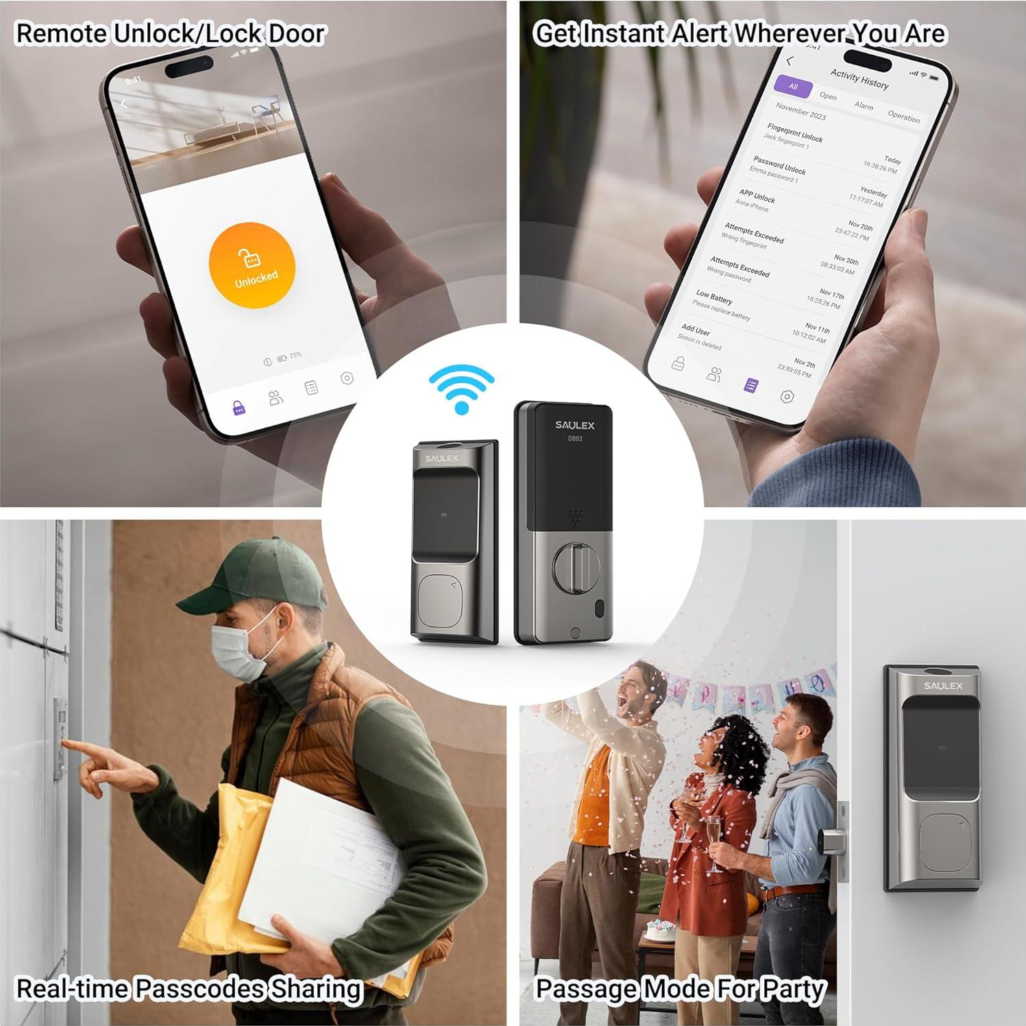 Cerradura Inteligente WiFi Saulex DB02 con Huella Digital 5 en 1