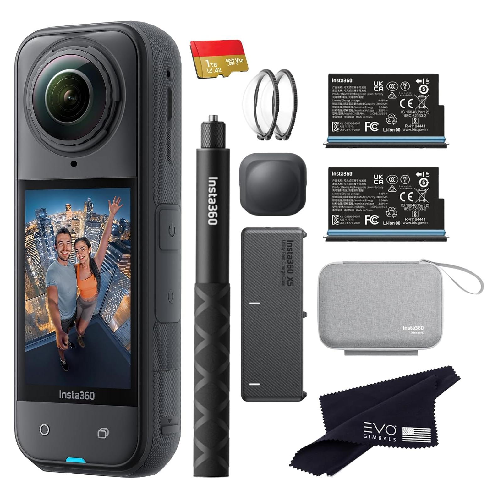 Insta360 X5 Essentials Bundle-8K Waterproof 360 Action Camera|Bundle Includes Selfie Stick, Extra Battery, Utility Fast Charge Case, Standard Lens Guards, Lens Cap, Carry Case(1TB)