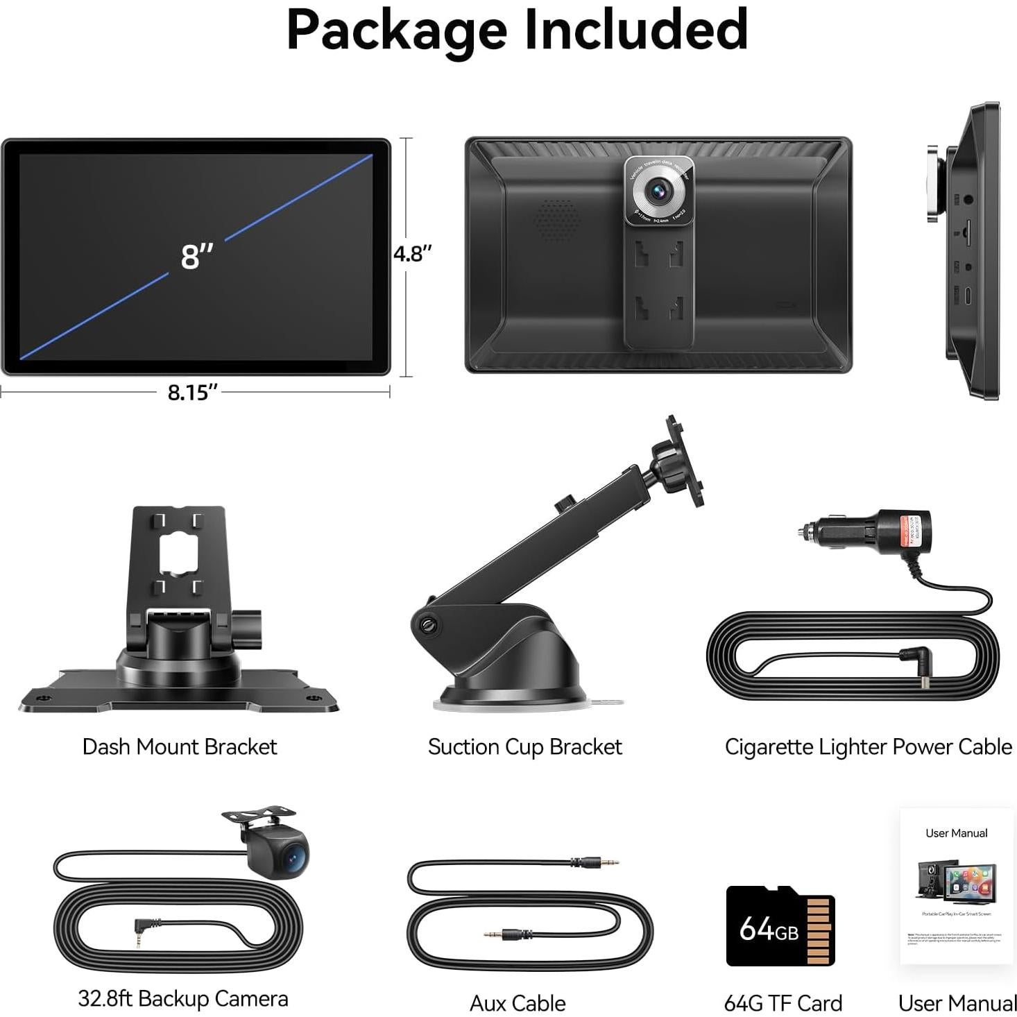 Pantalla Inalámbrica Portátil Carplay 8" Carpeer con GPS y Cámara 4K