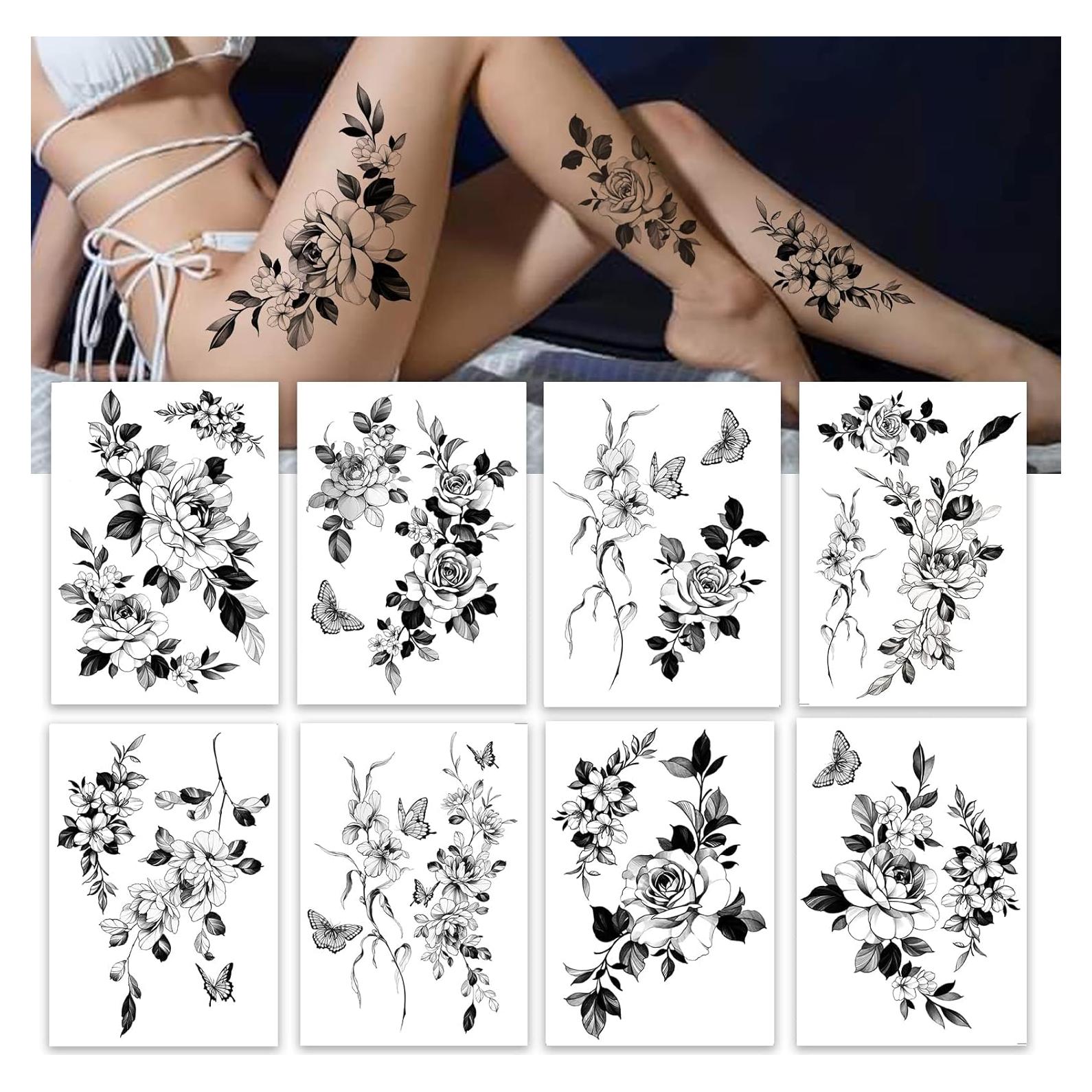 Tatuajes Temporales Grandes Roarhowl - 18 Diseños Flor y Mariposa