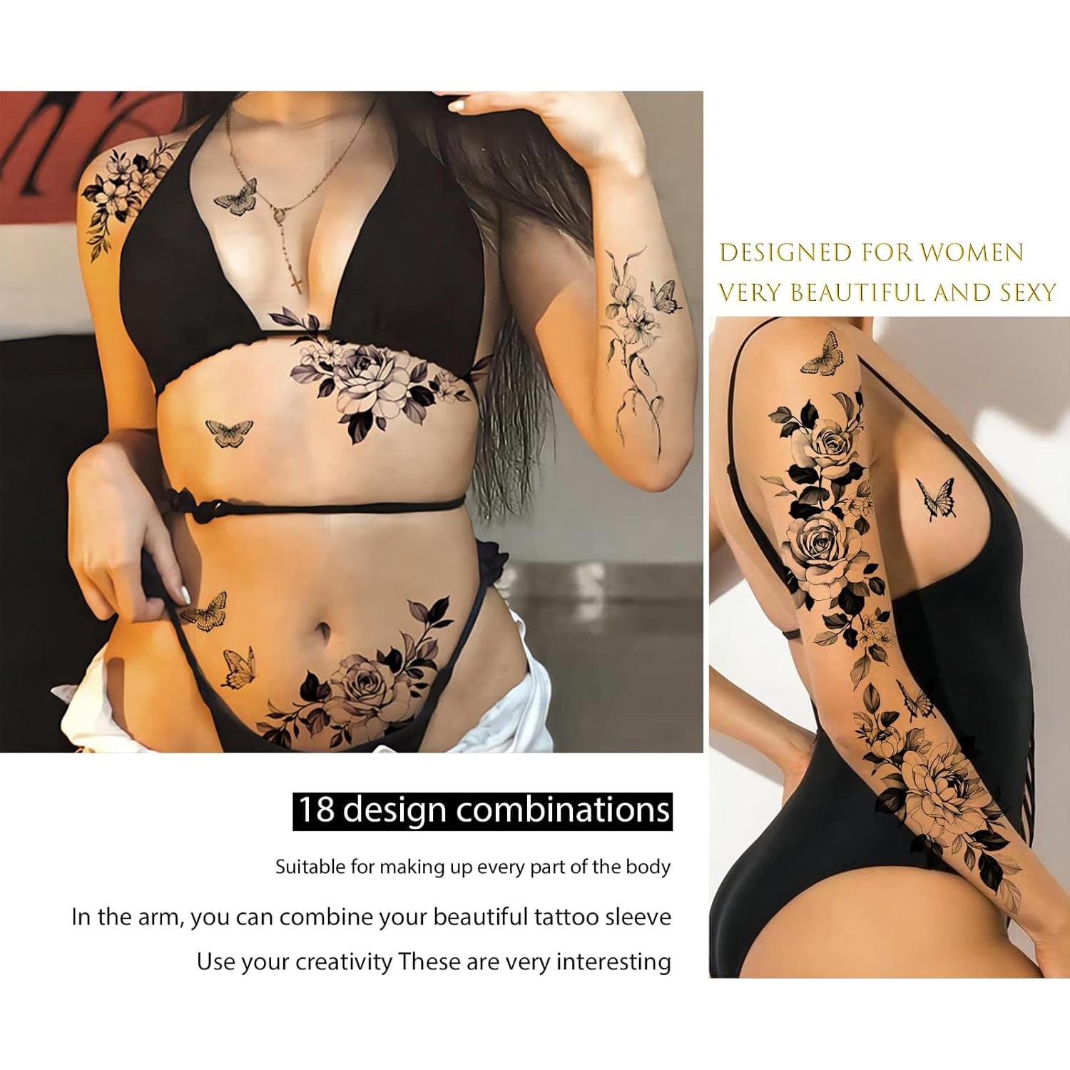 Tatuajes Temporales Grandes Roarhowl - 18 Diseños Flor y Mariposa