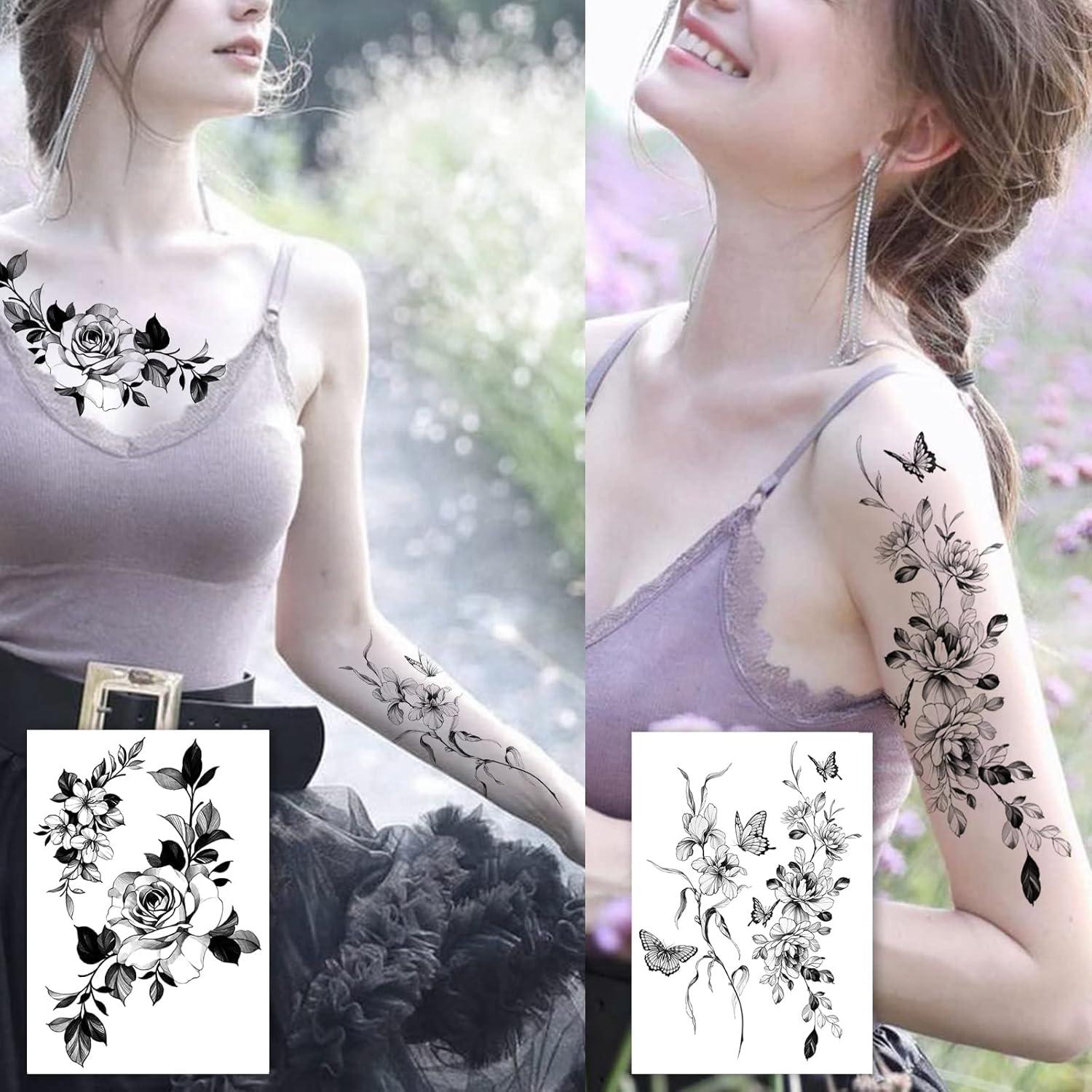 Tatuajes Temporales Grandes Roarhowl - 18 Diseños Flor y Mariposa