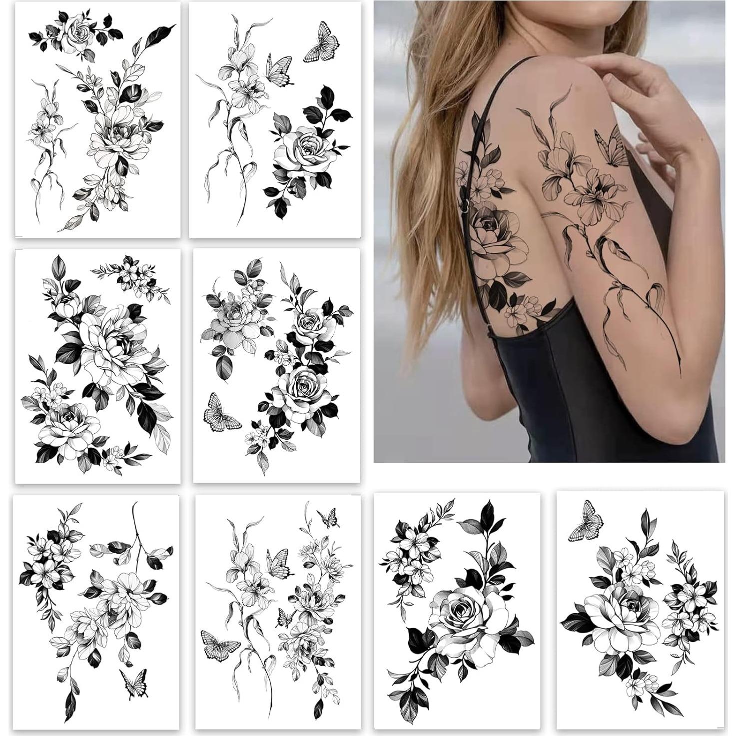 Tatuajes Temporales Grandes Roarhowl - 18 Diseños Flor y Mariposa