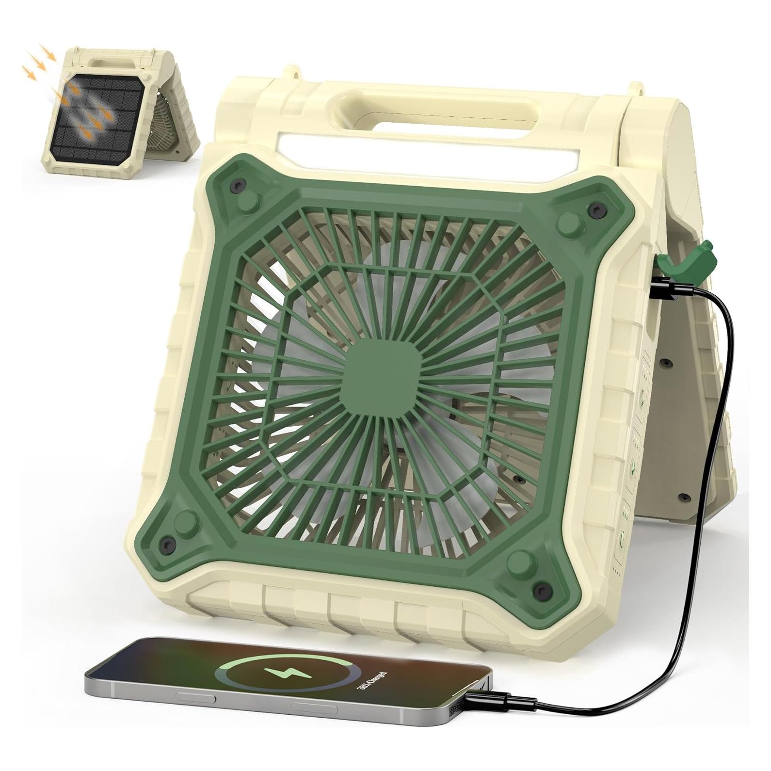 Ventilador Solar de Camping KITWLEMEN 10.2" con Luz LED