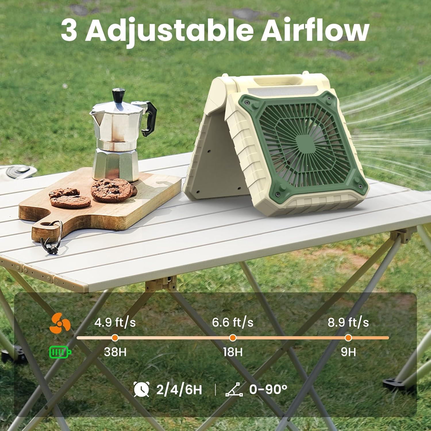 Ventilador Solar de Camping KITWLEMEN 10.2" con Luz LED