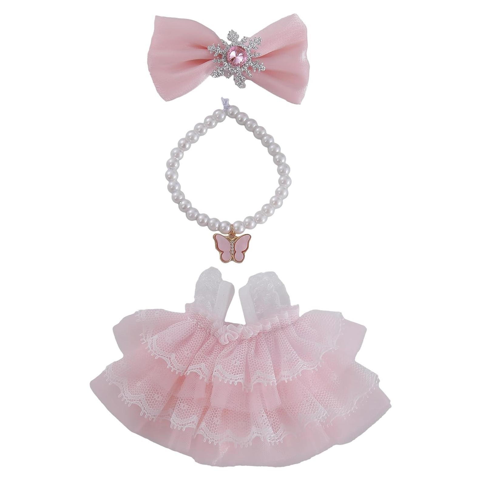 17cm Doll Clothes Set 3-Piece Doll Clothing Set with Pink Dress Necklace and Butterfly Decor Accessories for 17cm Plush Dolls, Clothes Only, No Doll Included