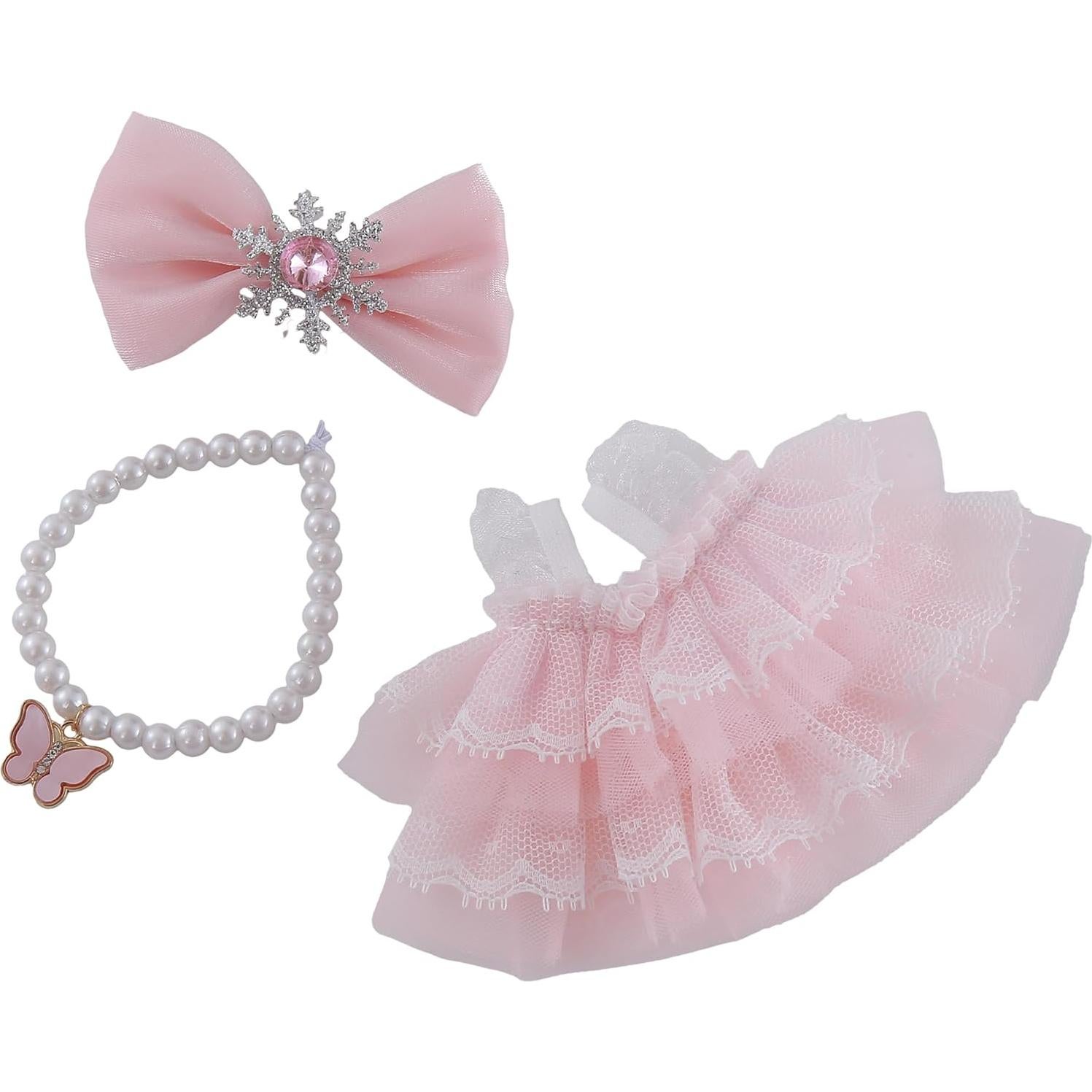 17cm Doll Clothes Set 3-Piece Doll Clothing Set with Pink Dress Necklace and Butterfly Decor Accessories for 17cm Plush Dolls, Clothes Only, No Doll Included