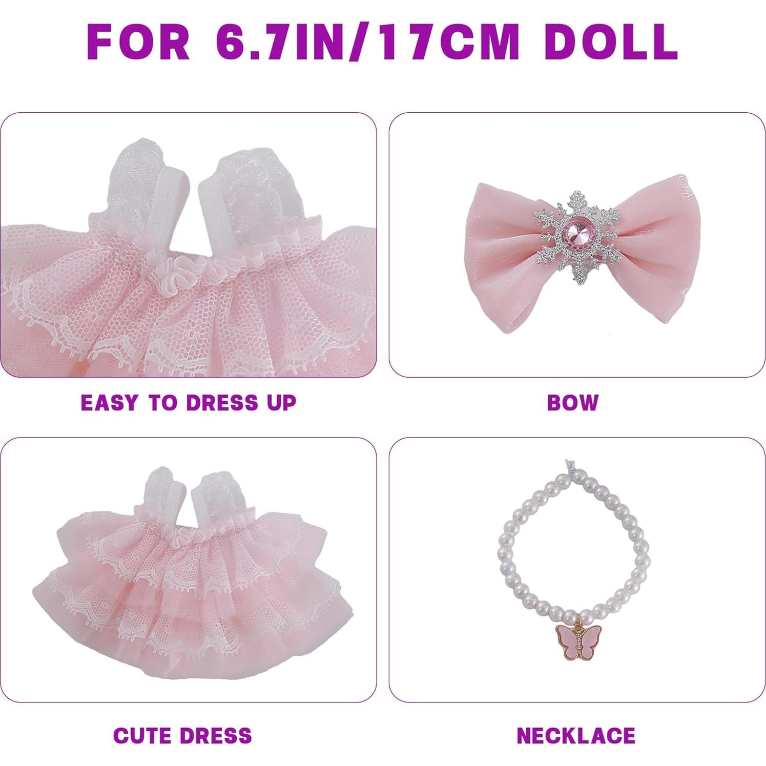 17cm Doll Clothes Set 3-Piece Doll Clothing Set with Pink Dress Necklace and Butterfly Decor Accessories for 17cm Plush Dolls, Clothes Only, No Doll Included