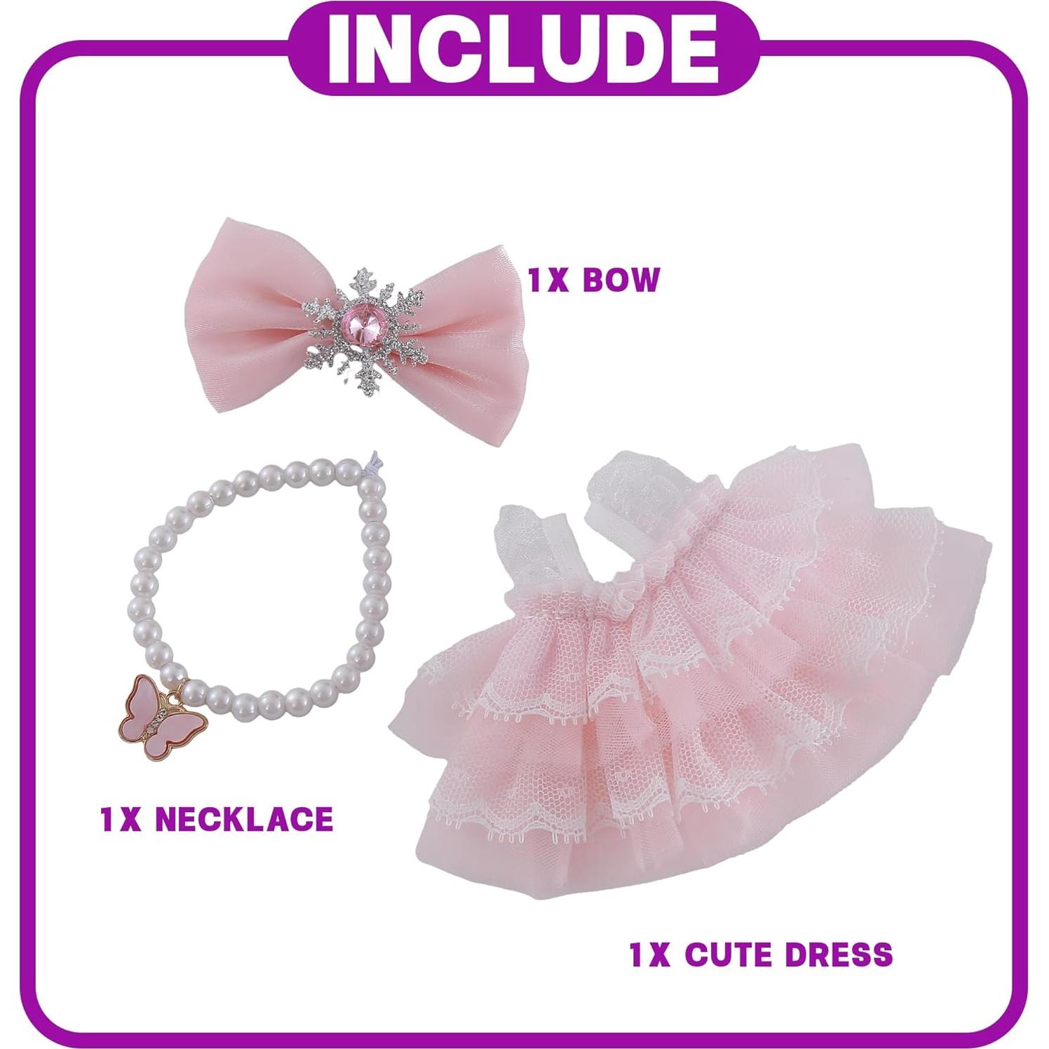 17cm Doll Clothes Set 3-Piece Doll Clothing Set with Pink Dress Necklace and Butterfly Decor Accessories for 17cm Plush Dolls, Clothes Only, No Doll Included