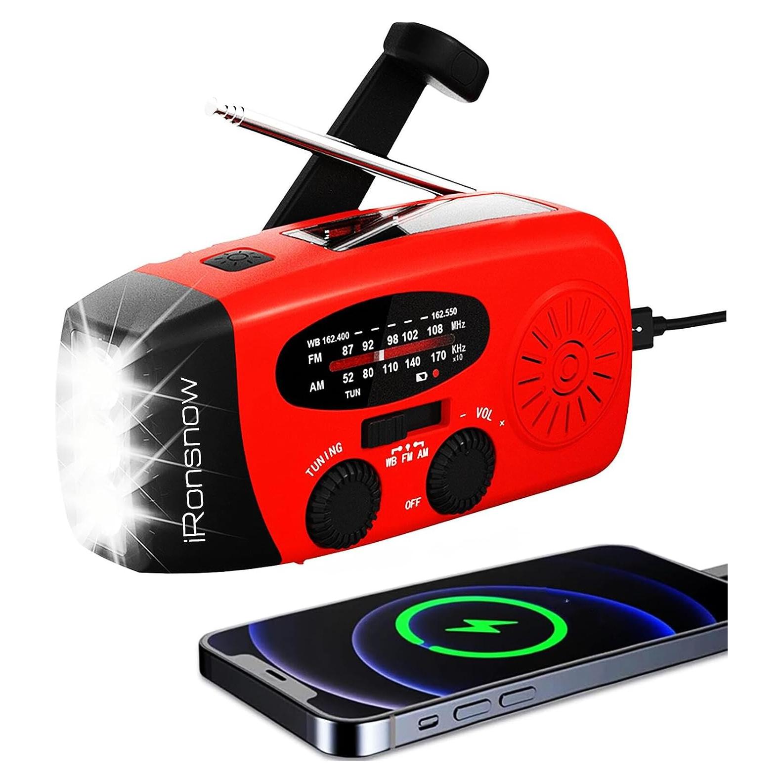 Solar Emergency Hand Crank Weather Radio, Portable Self Powered NOAA AM/FM Radios with SOS Alarm LED Flashlight 2000mAh Smart Phone USB Charger for Camping (Red)