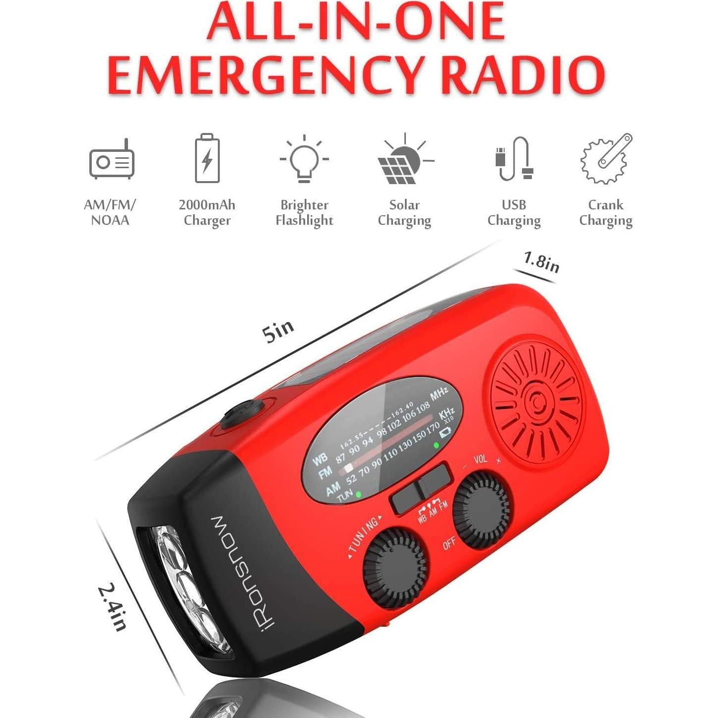 Solar Emergency Hand Crank Weather Radio, Portable Self Powered NOAA AM/FM Radios with SOS Alarm LED Flashlight 2000mAh Smart Phone USB Charger for Camping (Red)