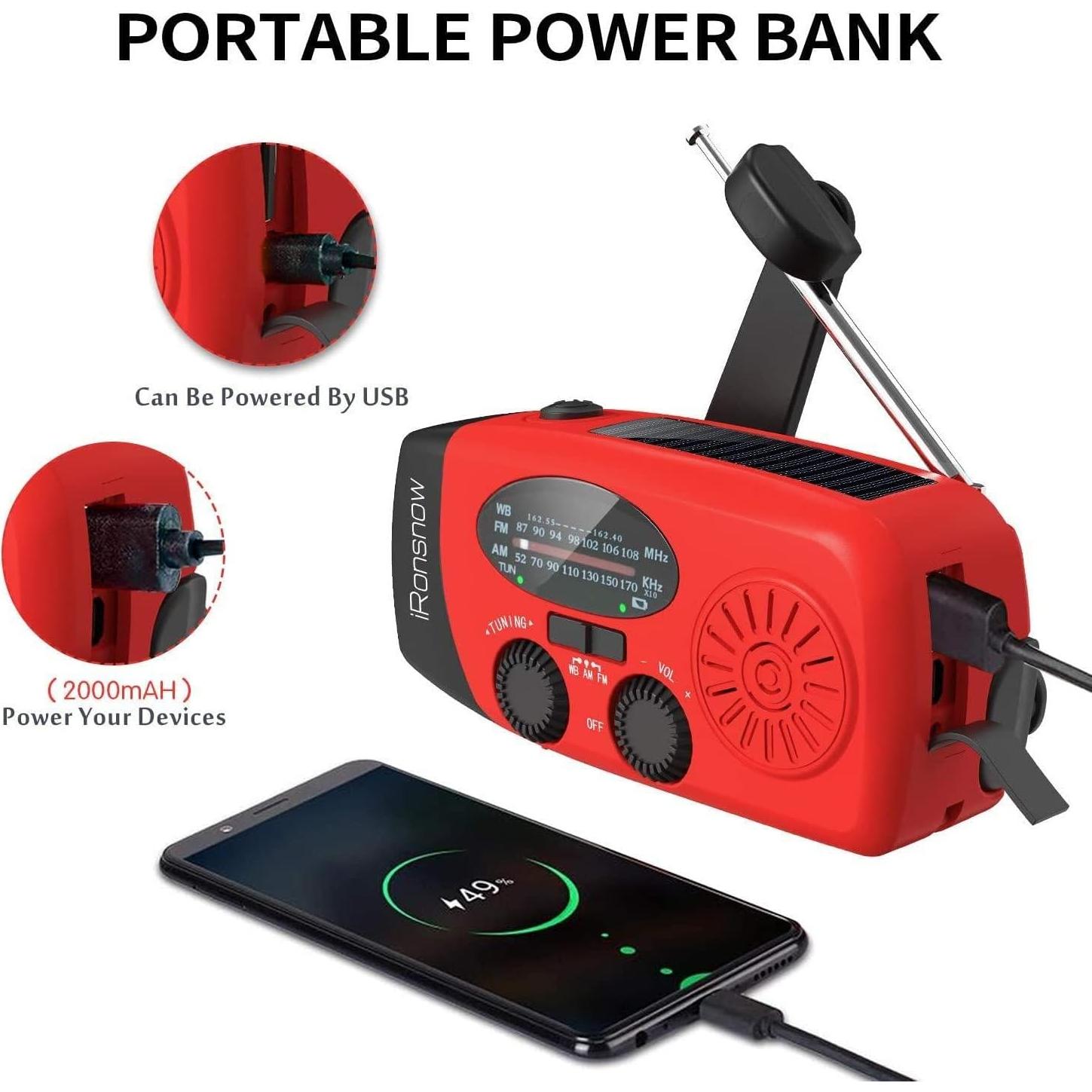Solar Emergency Hand Crank Weather Radio, Portable Self Powered NOAA AM/FM Radios with SOS Alarm LED Flashlight 2000mAh Smart Phone USB Charger for Camping (Red)