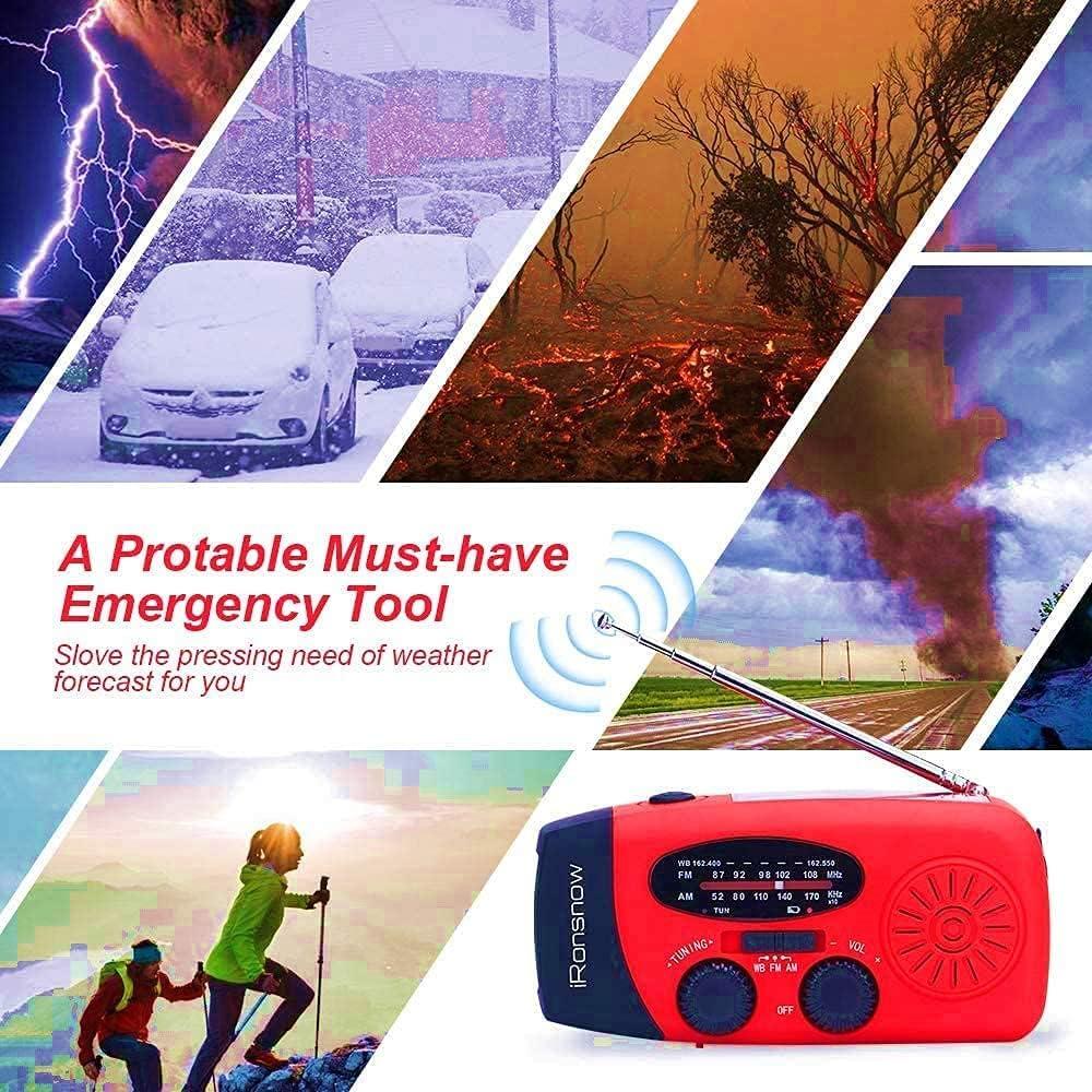 Solar Emergency Hand Crank Weather Radio, Portable Self Powered NOAA AM/FM Radios with SOS Alarm LED Flashlight 2000mAh Smart Phone USB Charger for Camping (Red)