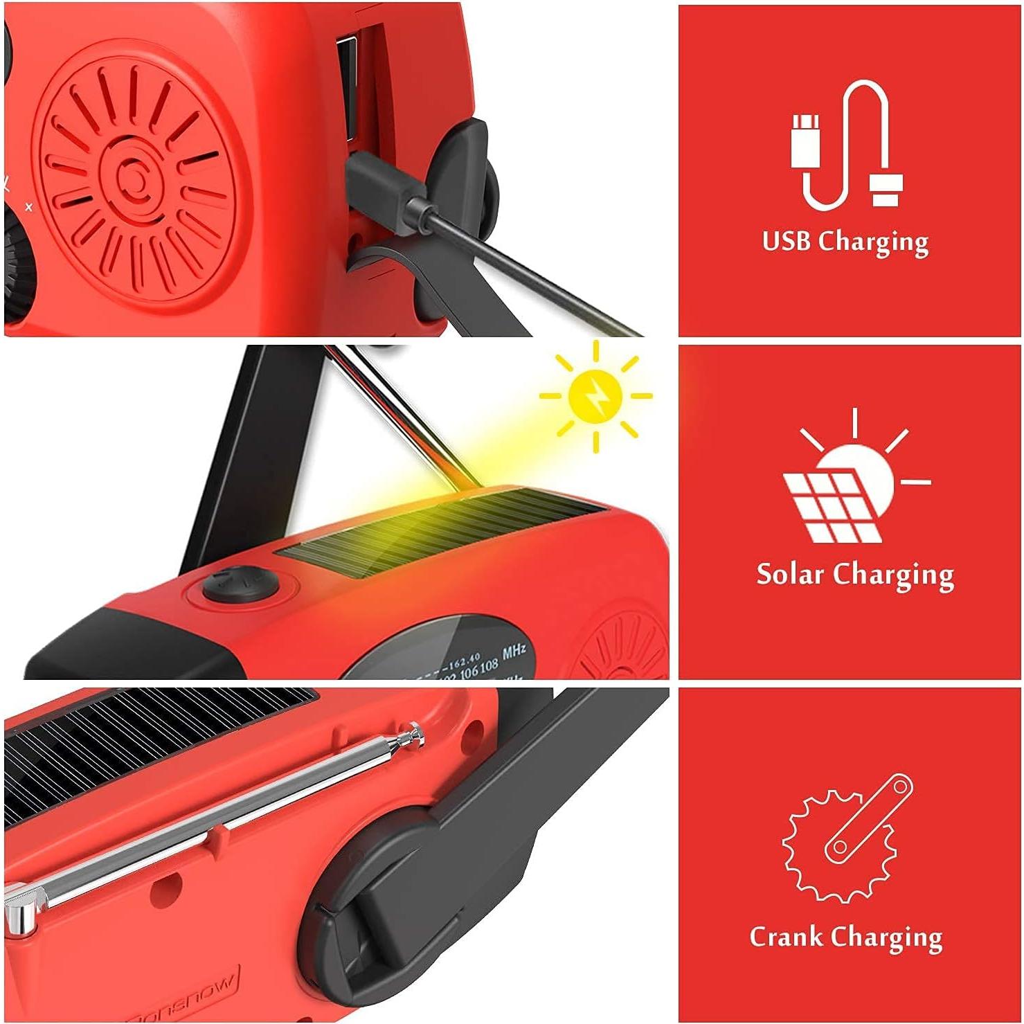 Solar Emergency Hand Crank Weather Radio, Portable Self Powered NOAA AM/FM Radios with SOS Alarm LED Flashlight 2000mAh Smart Phone USB Charger for Camping (Red)