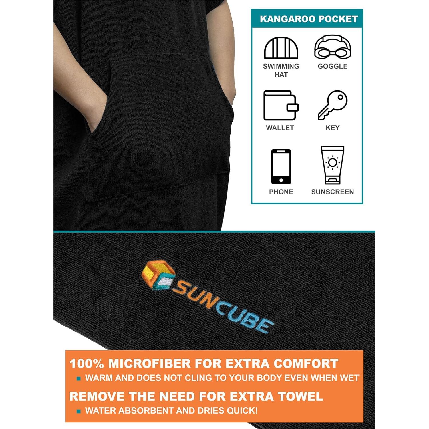 Poncho de Surf SUN CUBE Negro con Capucha y Bolsillo