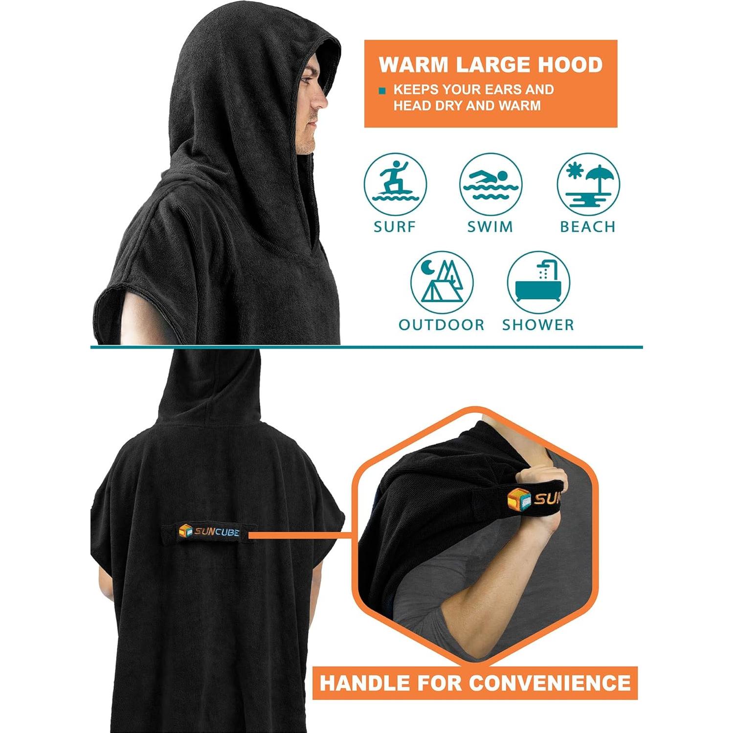 Poncho de Surf SUN CUBE Negro con Capucha y Bolsillo