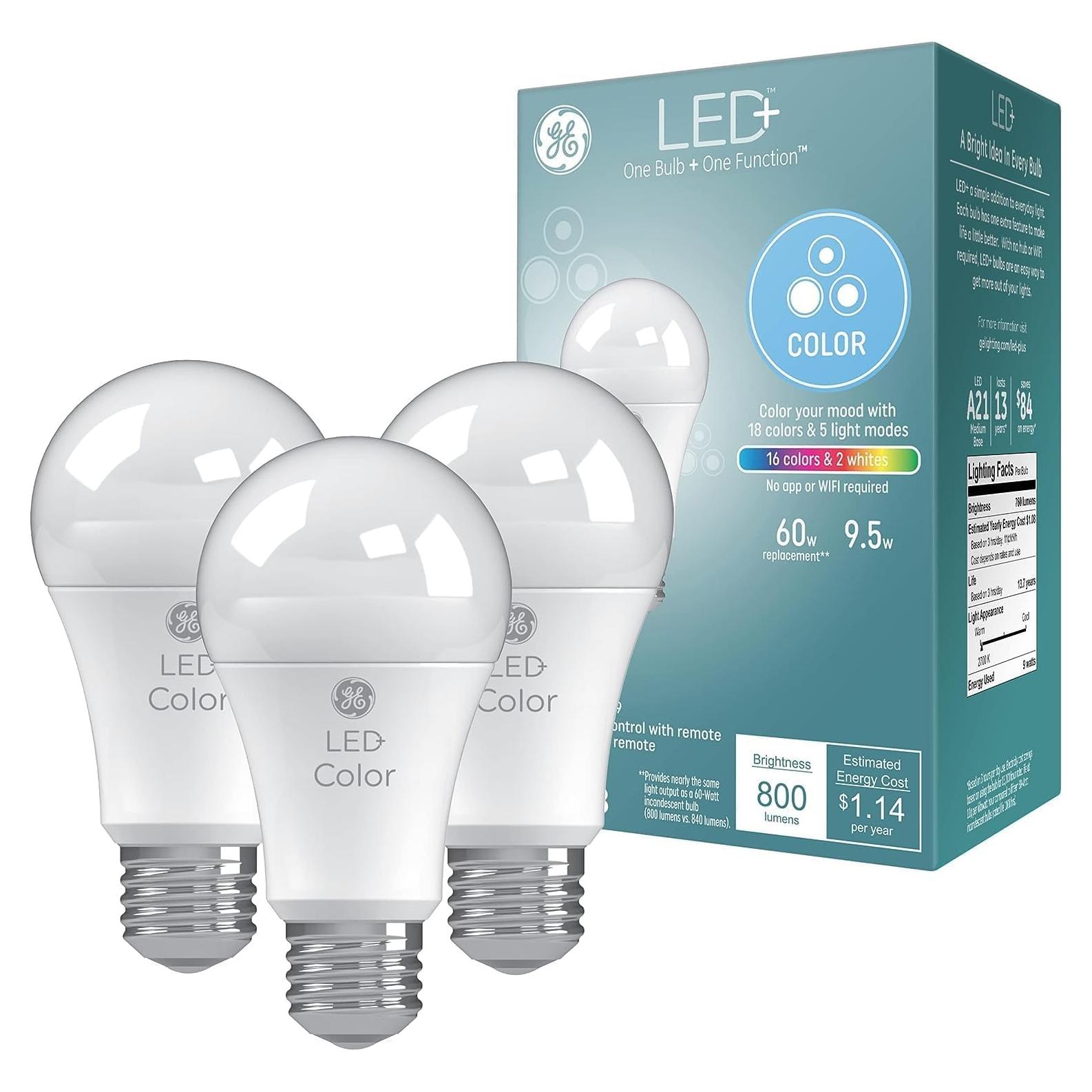 Bombillas LED GE A19 RGB con control remoto (paquete de 3)