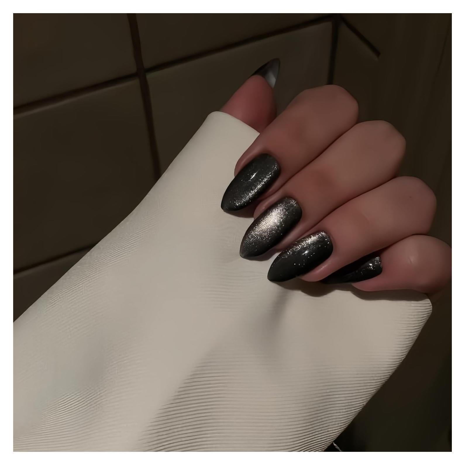 Uñas Postizas KQueenest Almendra Negra Chrome 24 Pcs