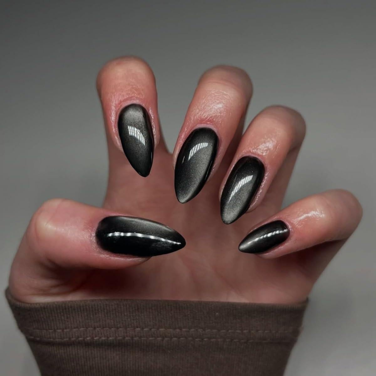 Uñas Postizas KQueenest Almendra Negra Chrome 24 Pcs