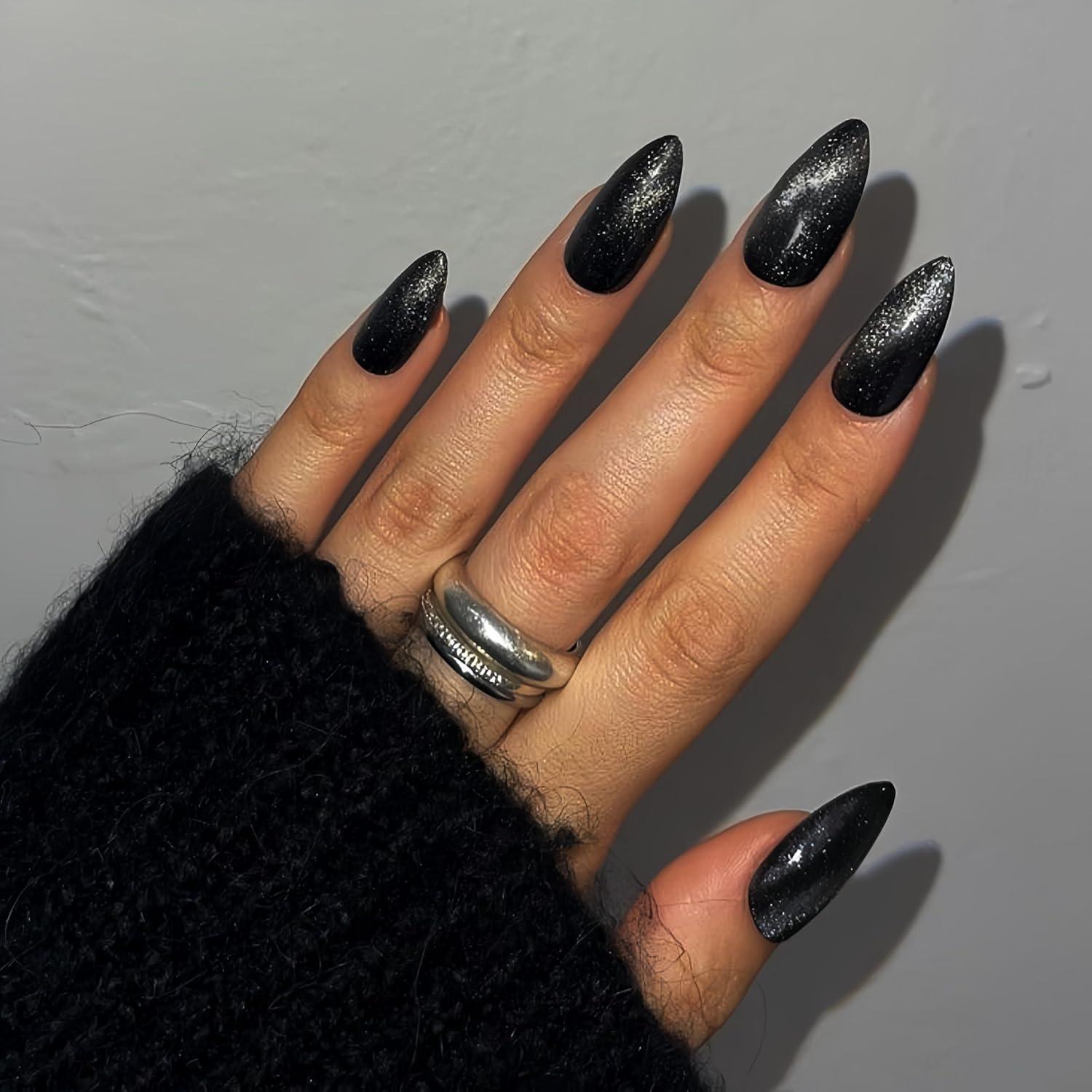 Uñas Postizas KQueenest Almendra Negra Chrome 24 Pcs