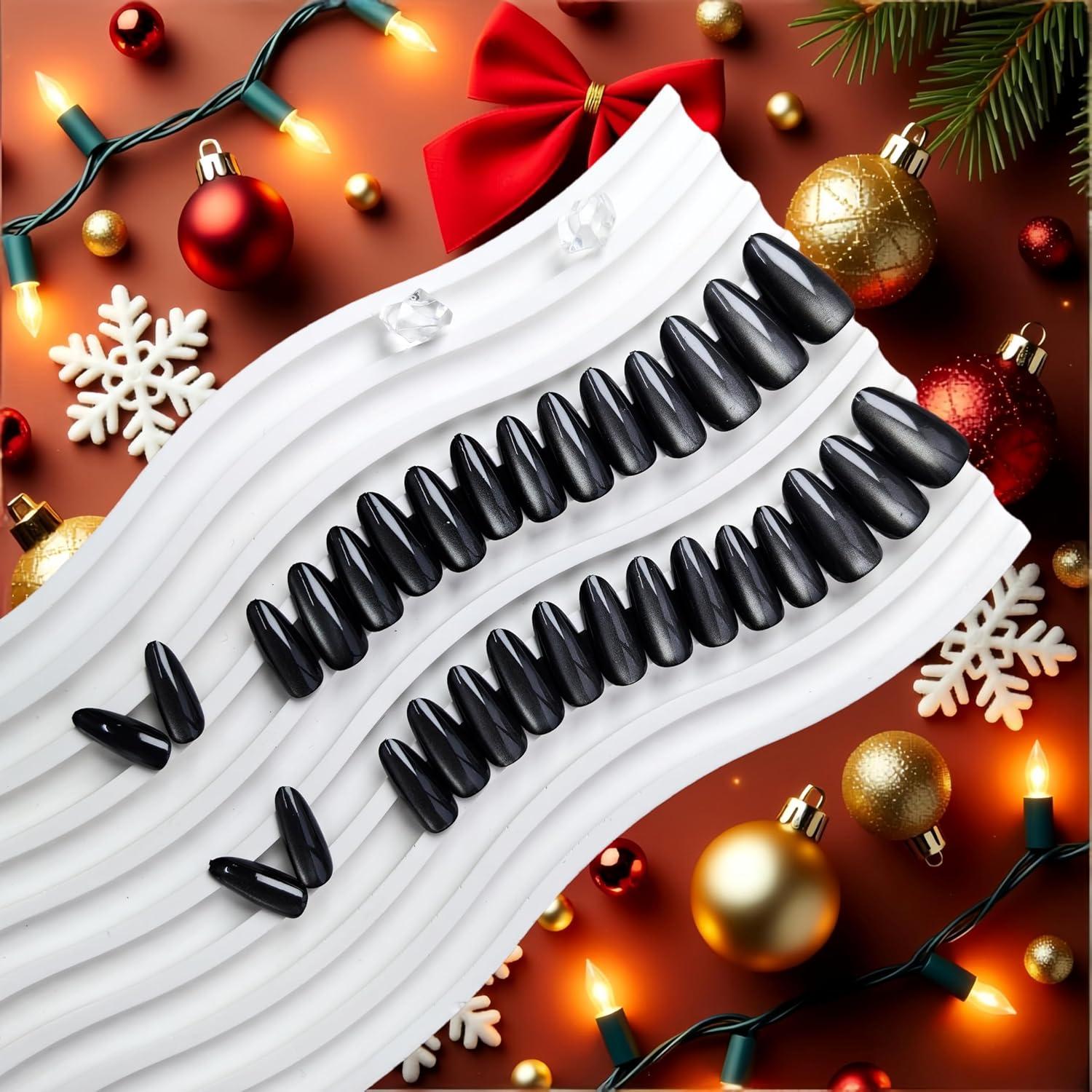 Uñas Postizas KQueenest Almendra Negra Chrome 24 Pcs