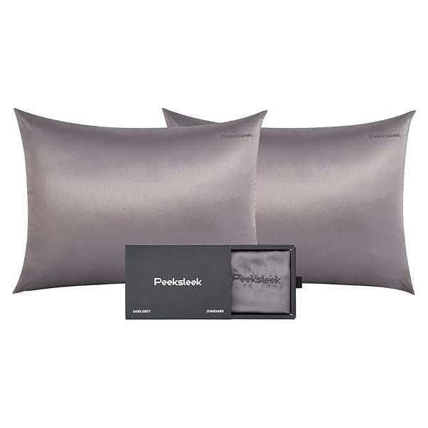 Funda de Almohada de Seda PeekSleek Rey 100% Pura 22 Momme Gris