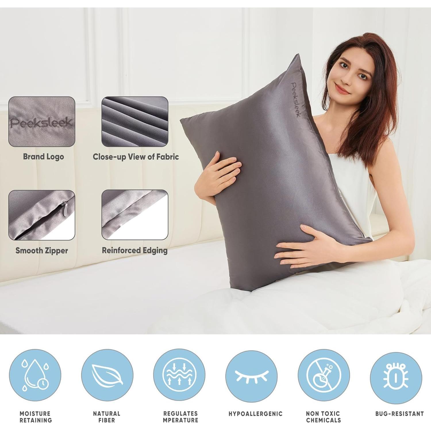 Funda de Almohada de Seda PeekSleek Rey 100% Pura 22 Momme Gris