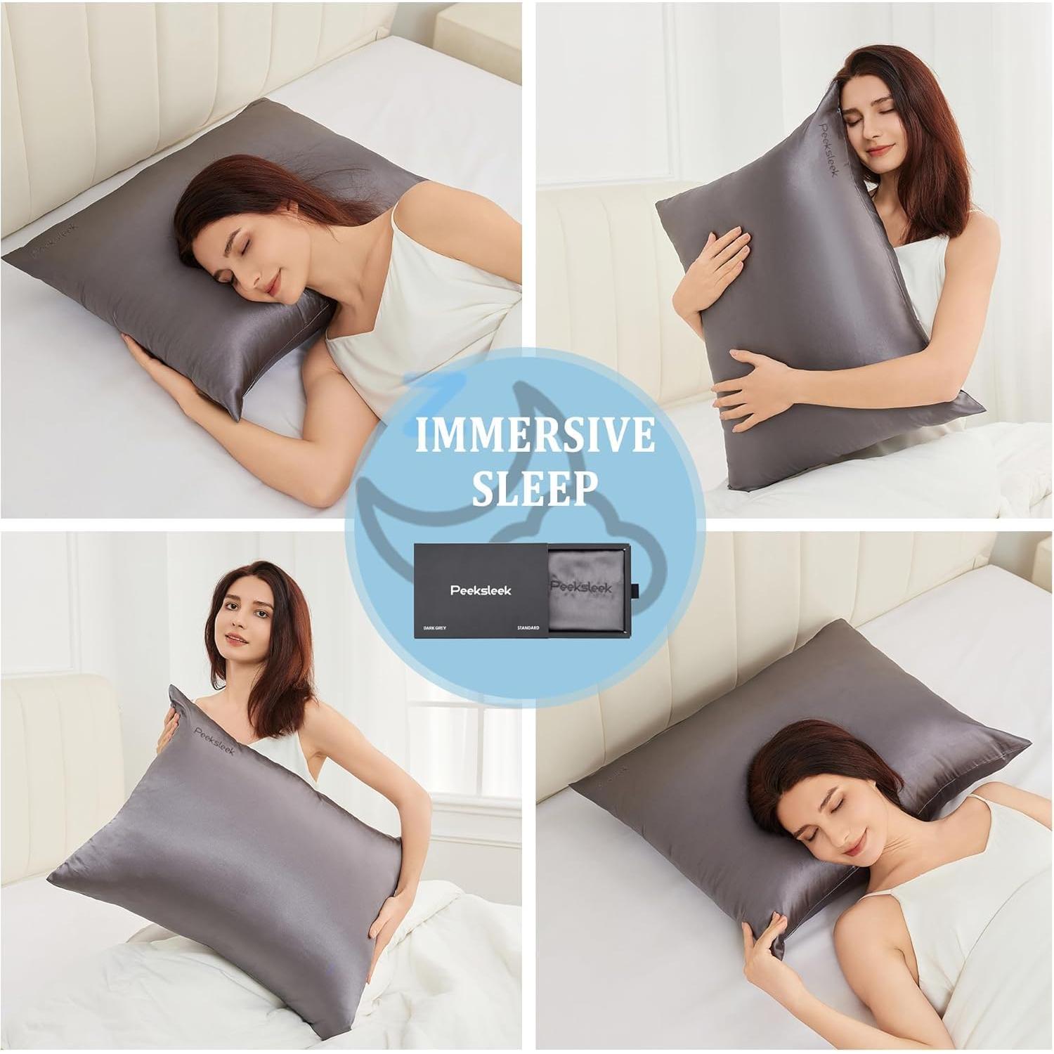 Funda de Almohada de Seda PeekSleek Rey 100% Pura 22 Momme Gris