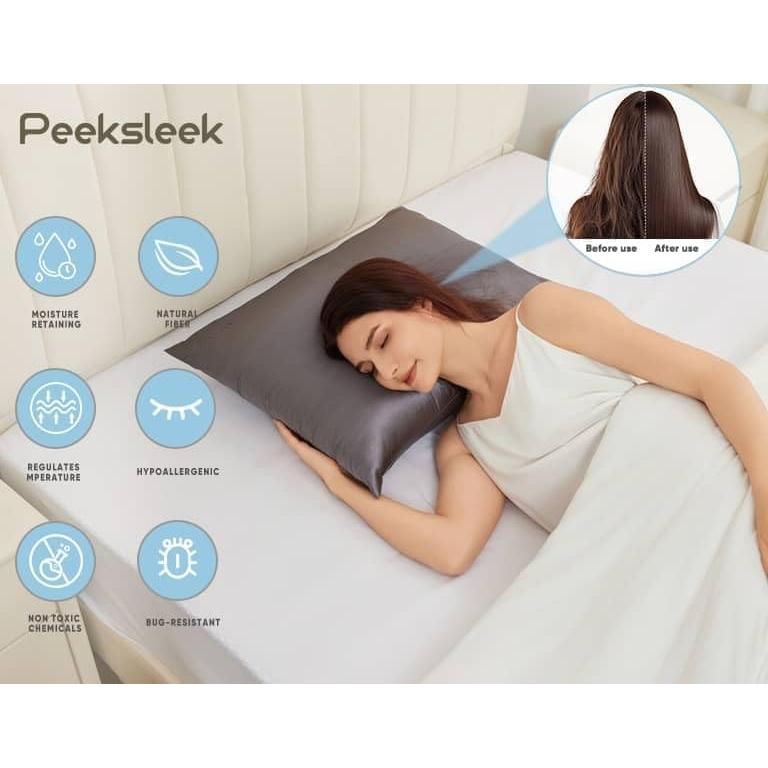 Funda de Almohada de Seda PeekSleek Rey 100% Pura 22 Momme Gris