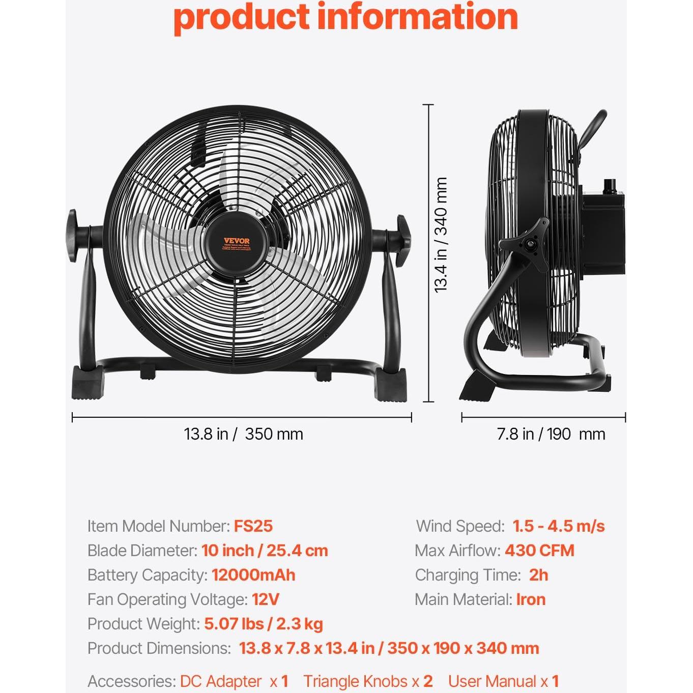 Ventilador de Piso Recargable VEVOR 10 Pulgadas Metal 12V