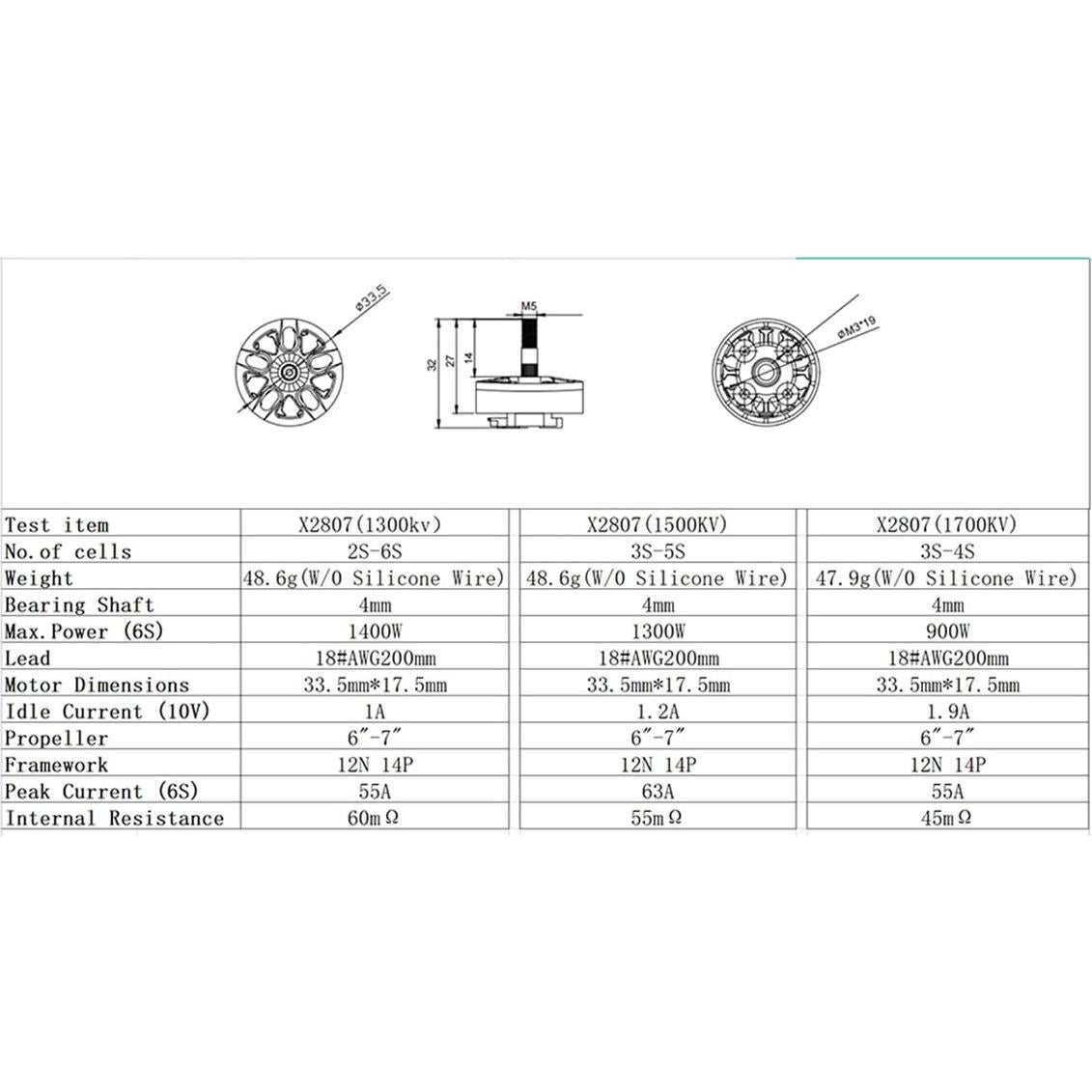 Motores Sin Escobillas DYS X2807 1300/1500/1700KV 4PCS para Drones