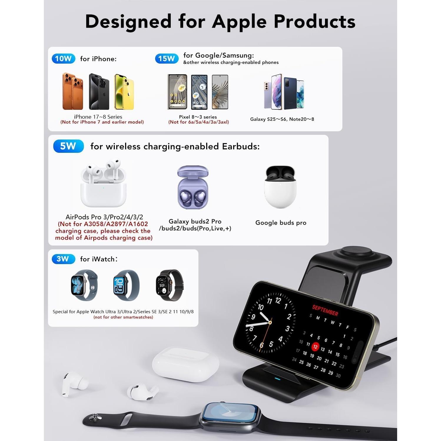 HATALKIN Estación de Carga Inalámbrica 3 en 1 para Apple