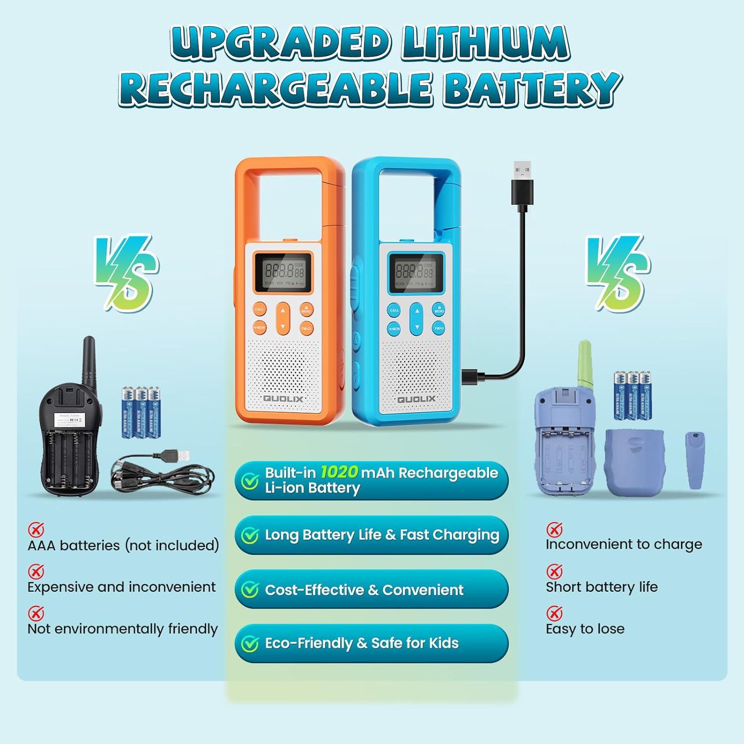 Walkie Talkies QUOLIX para Niños 2 Paquete Recargable VOX