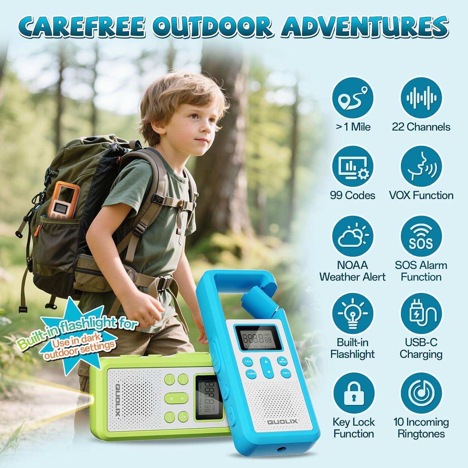 Walkie Talkies QUOLIX para Niños 2 Paquete Recargable VOX