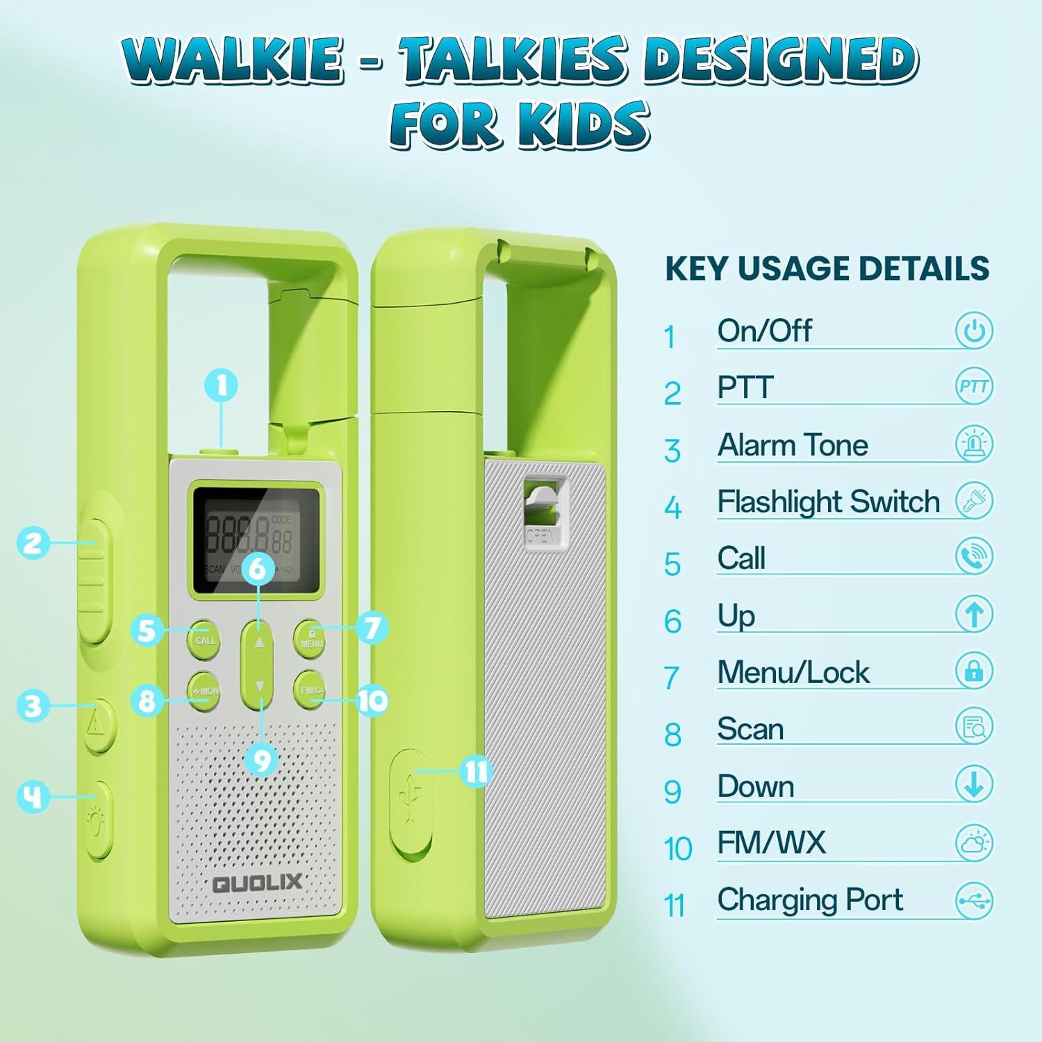 Walkie Talkies QUOLIX para Niños 2 Paquete Recargable VOX
