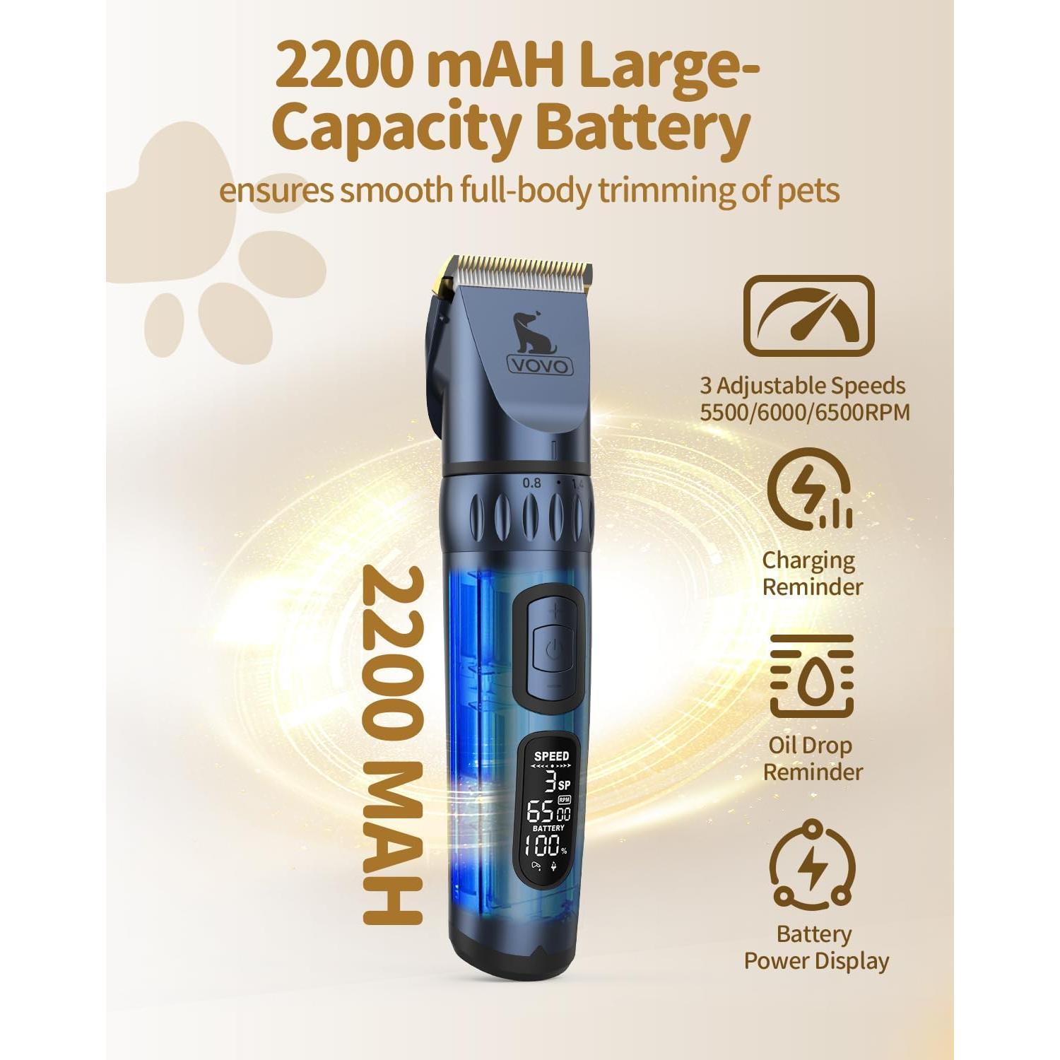 Cortapelos Eléctrico Inalámbrico VOVO para Perros - 3 Velocidades, Bajo Ruido, Azul