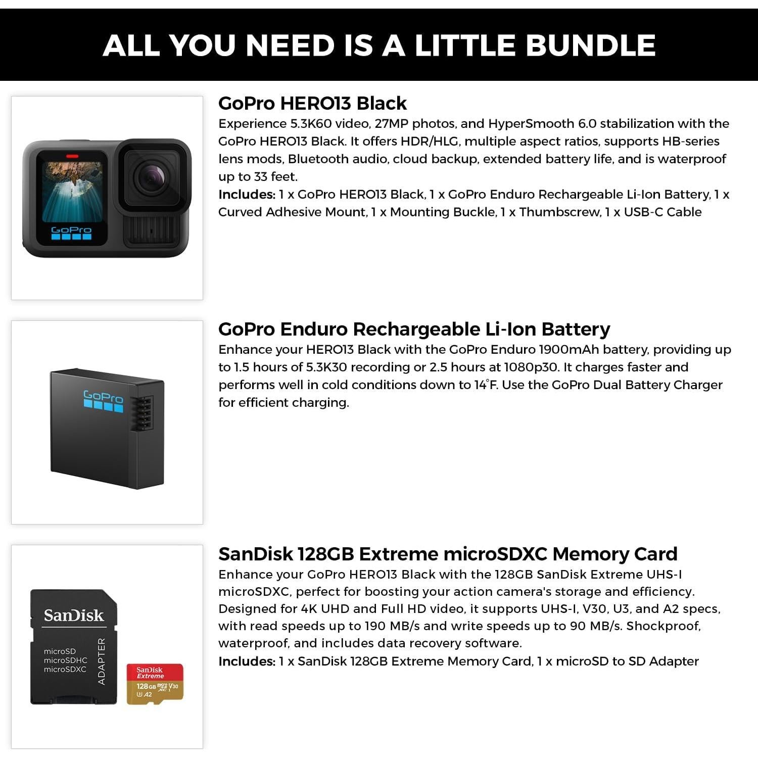 Cámara de Acción GoPro HERO13 Black 27MP 5.3K60 + Batería 1900mAh