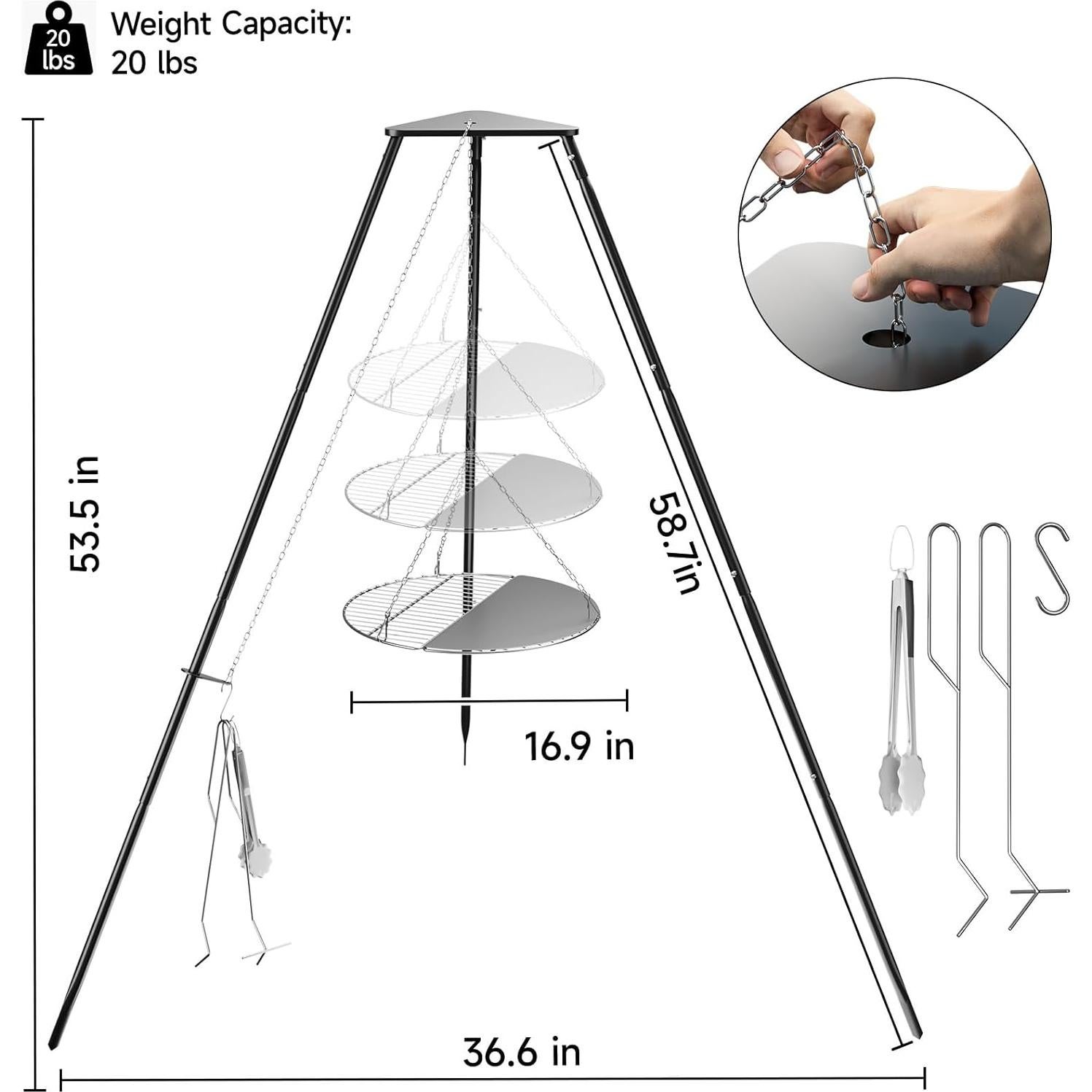Trípode de Fogata DPZM Ajustable con Parrilla Circular 20cm