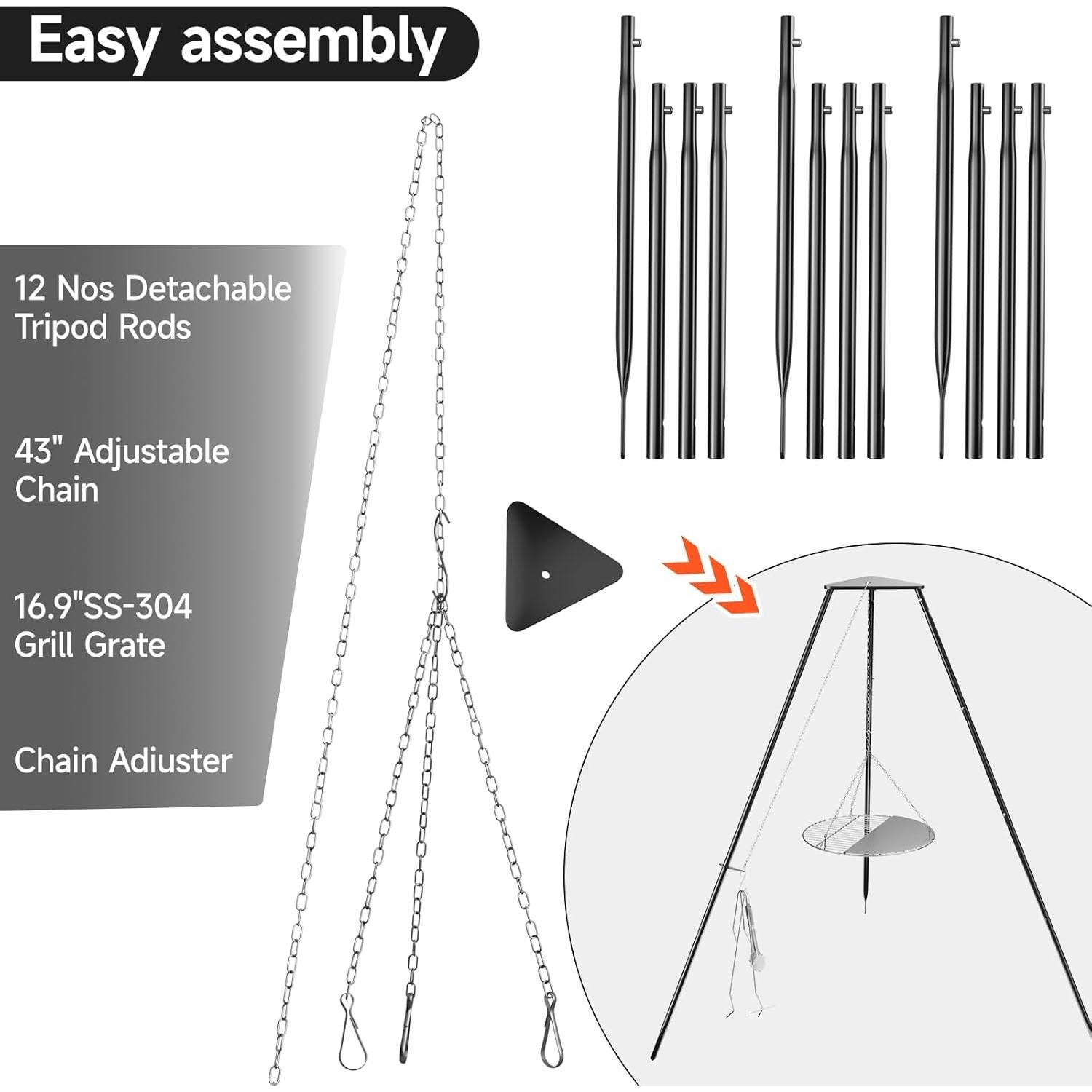 Trípode de Fogata DPZM Ajustable con Parrilla Circular 20cm