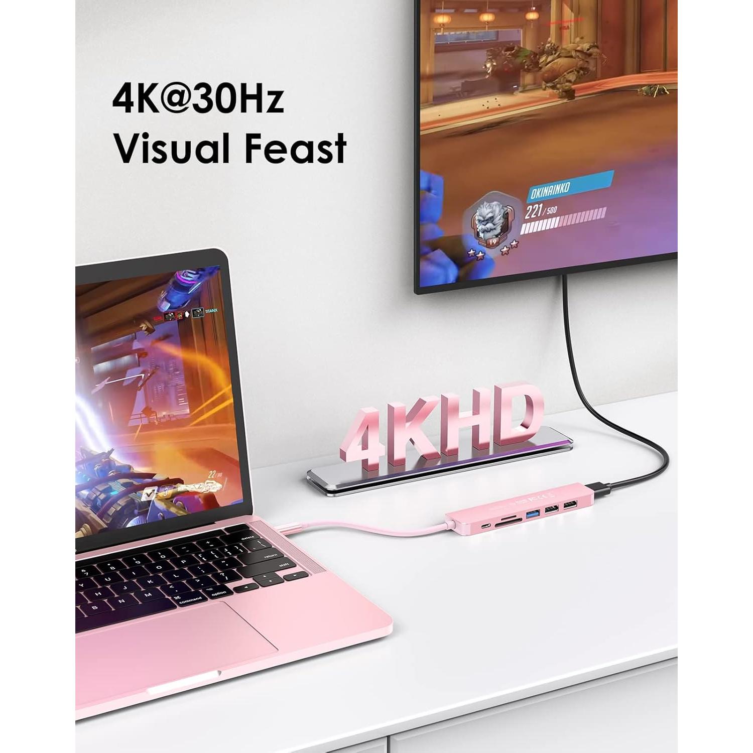 Hub USB-C LENTION CB-CE18 7 en 1 Oro Rosa 100W HDMI 4K