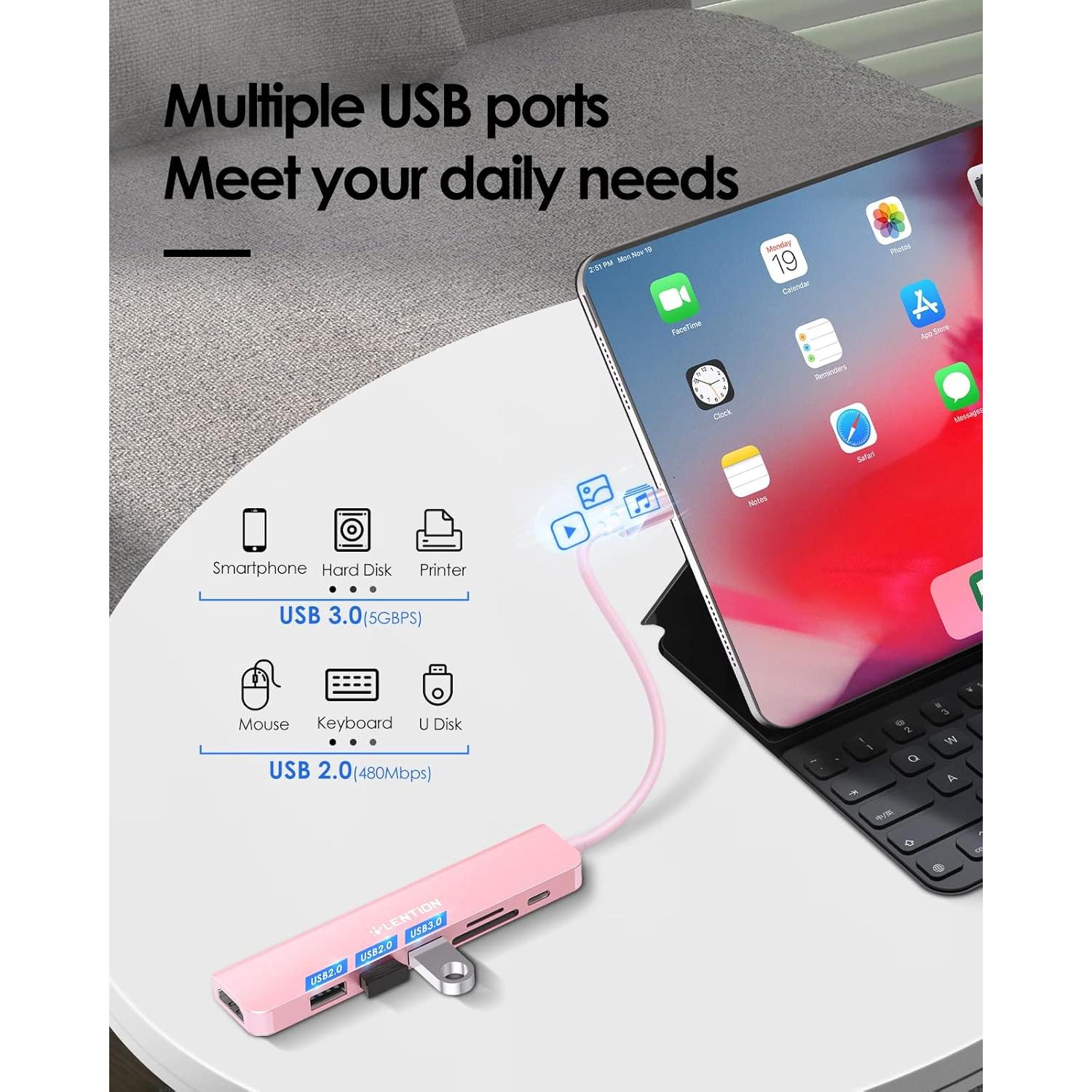 Hub USB-C LENTION CB-CE18 7 en 1 Oro Rosa 100W HDMI 4K