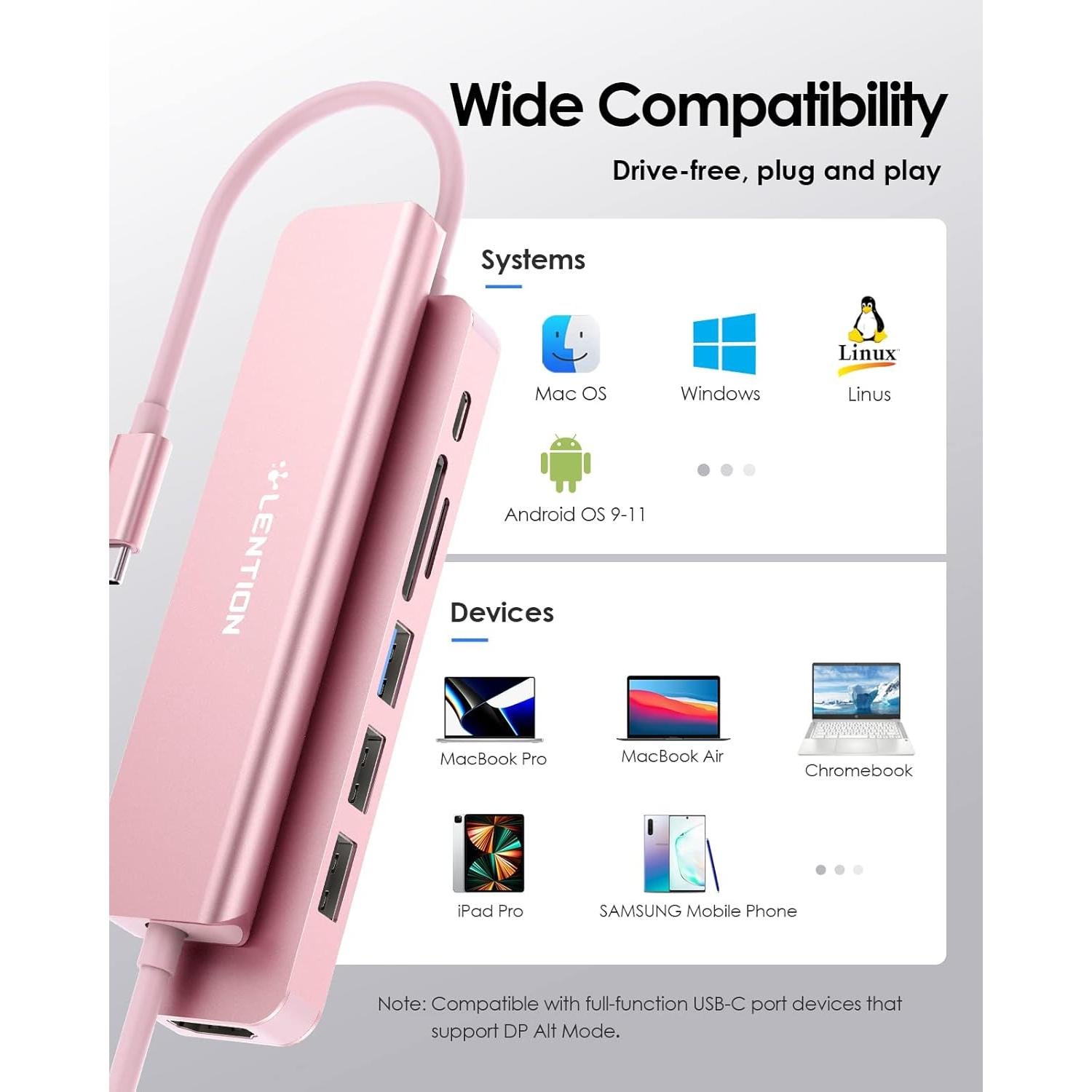 Hub USB-C LENTION CB-CE18 7 en 1 Oro Rosa 100W HDMI 4K