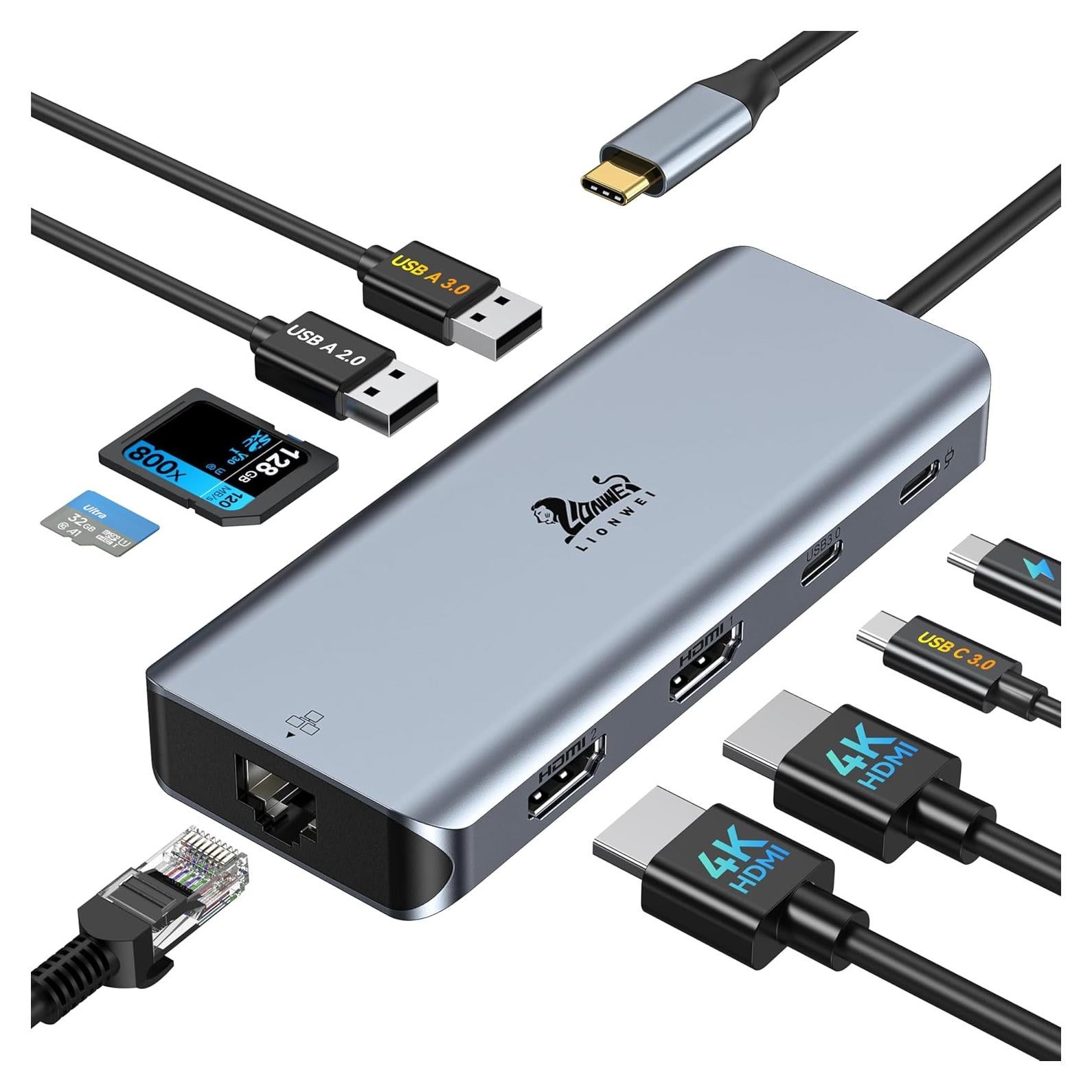 Estación de Acoplamiento 9 en 1 LIONWEI USB C Doble HDMI 4K