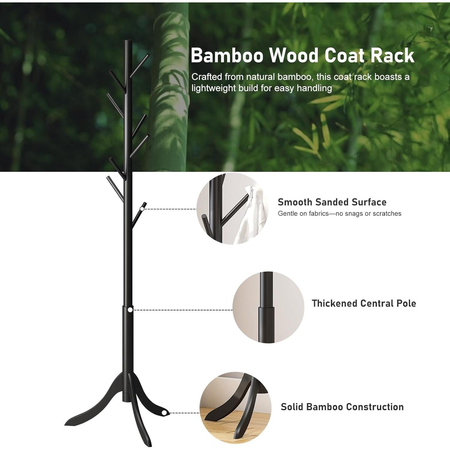 Perchero de Pie Kiplant Negro de Bambú con 8 Ganchos