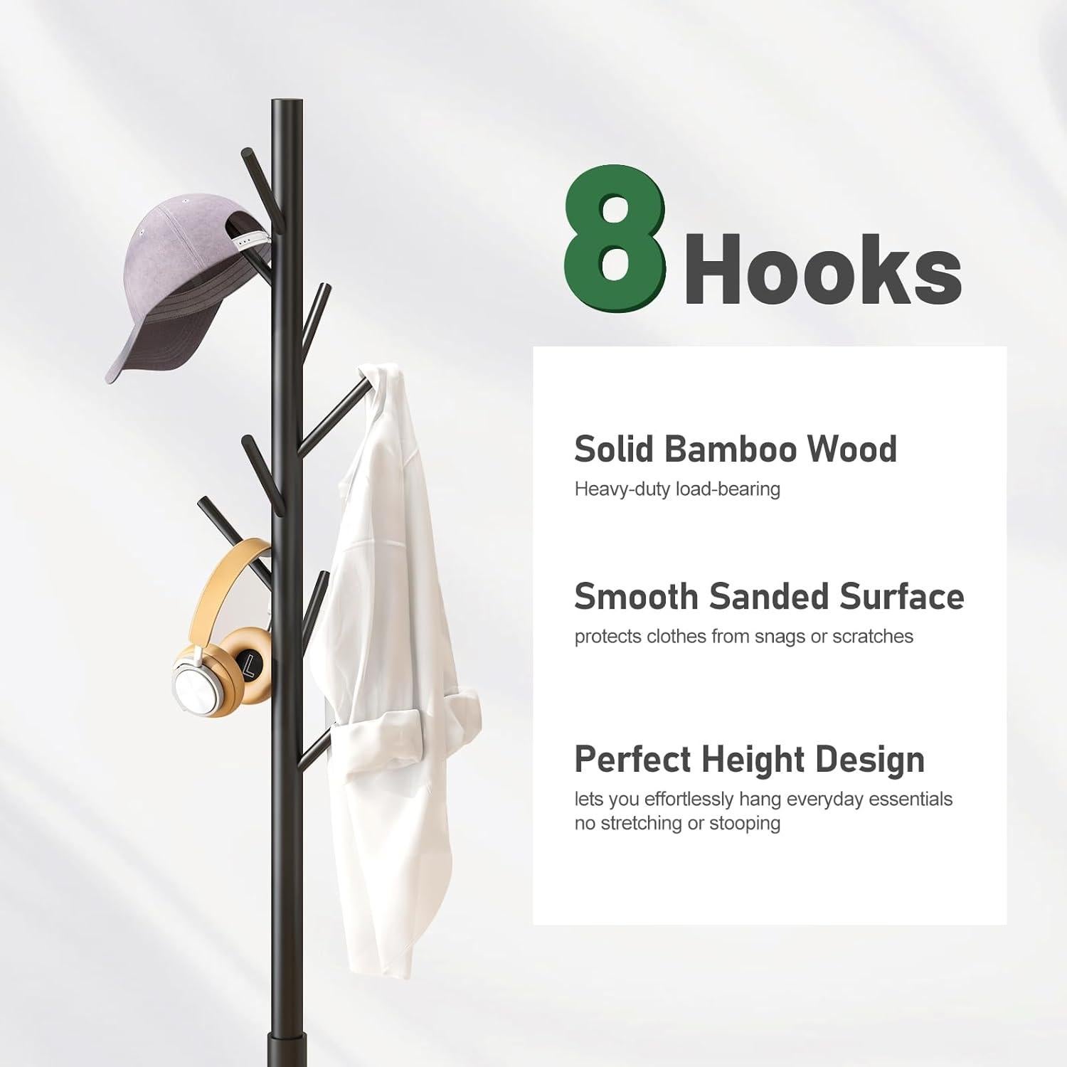 Perchero de Pie Kiplant Negro de Bambú con 8 Ganchos