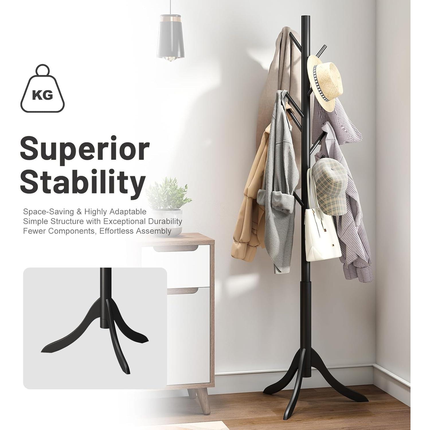 Perchero de Pie Kiplant Negro de Bambú con 8 Ganchos