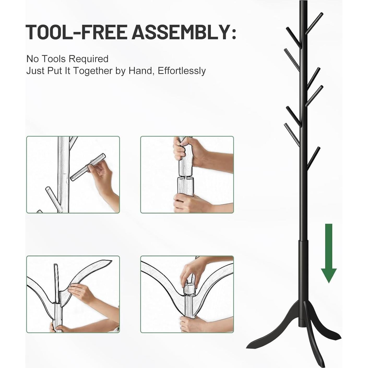 Perchero de Pie Kiplant Negro de Bambú con 8 Ganchos