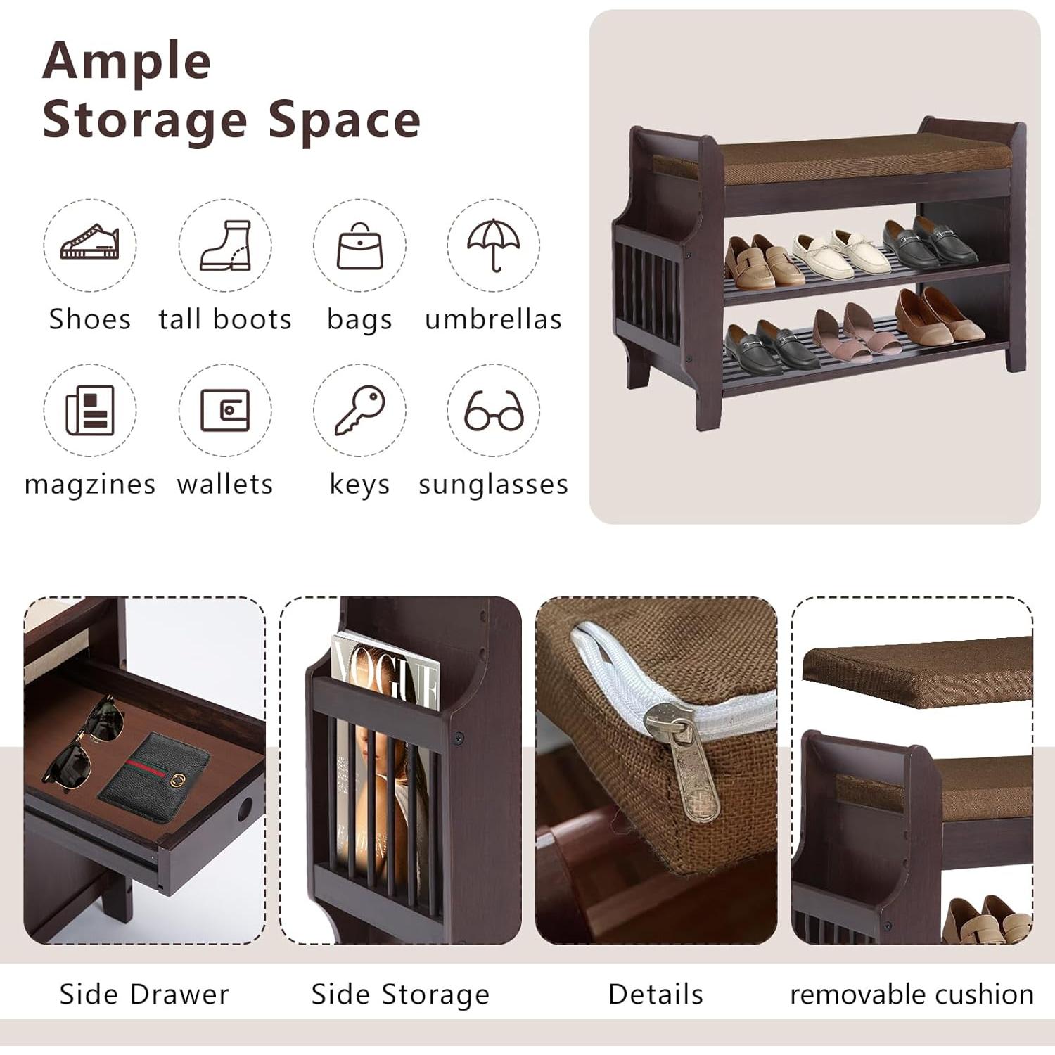 Banco de Almacenamiento YUKOOL de Bambú 79 cm con Cojín