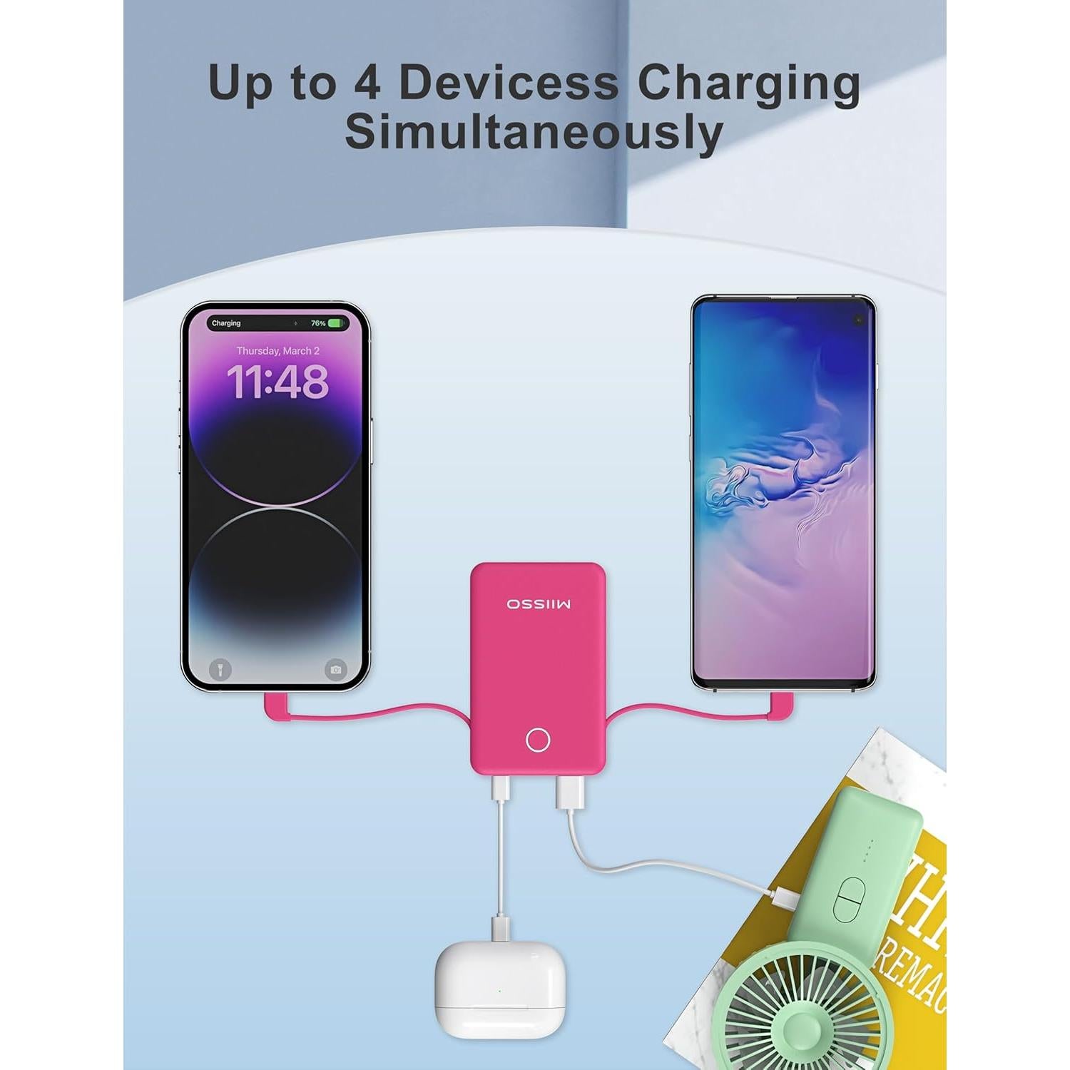 Cargador Portátil MIISSO 6000mAh Rojo Ciruela con Cables